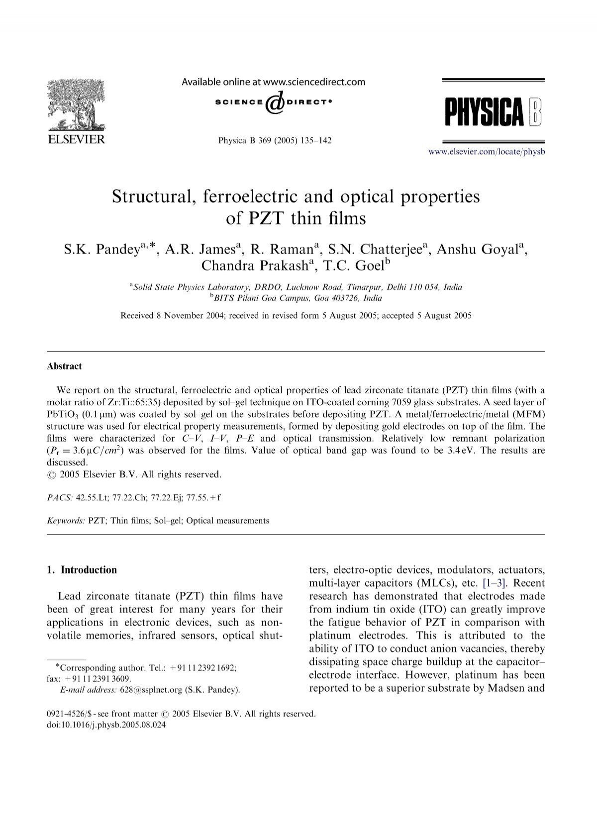 Structural Ferroelectric And Optical Properties Of Pzt Thin Films