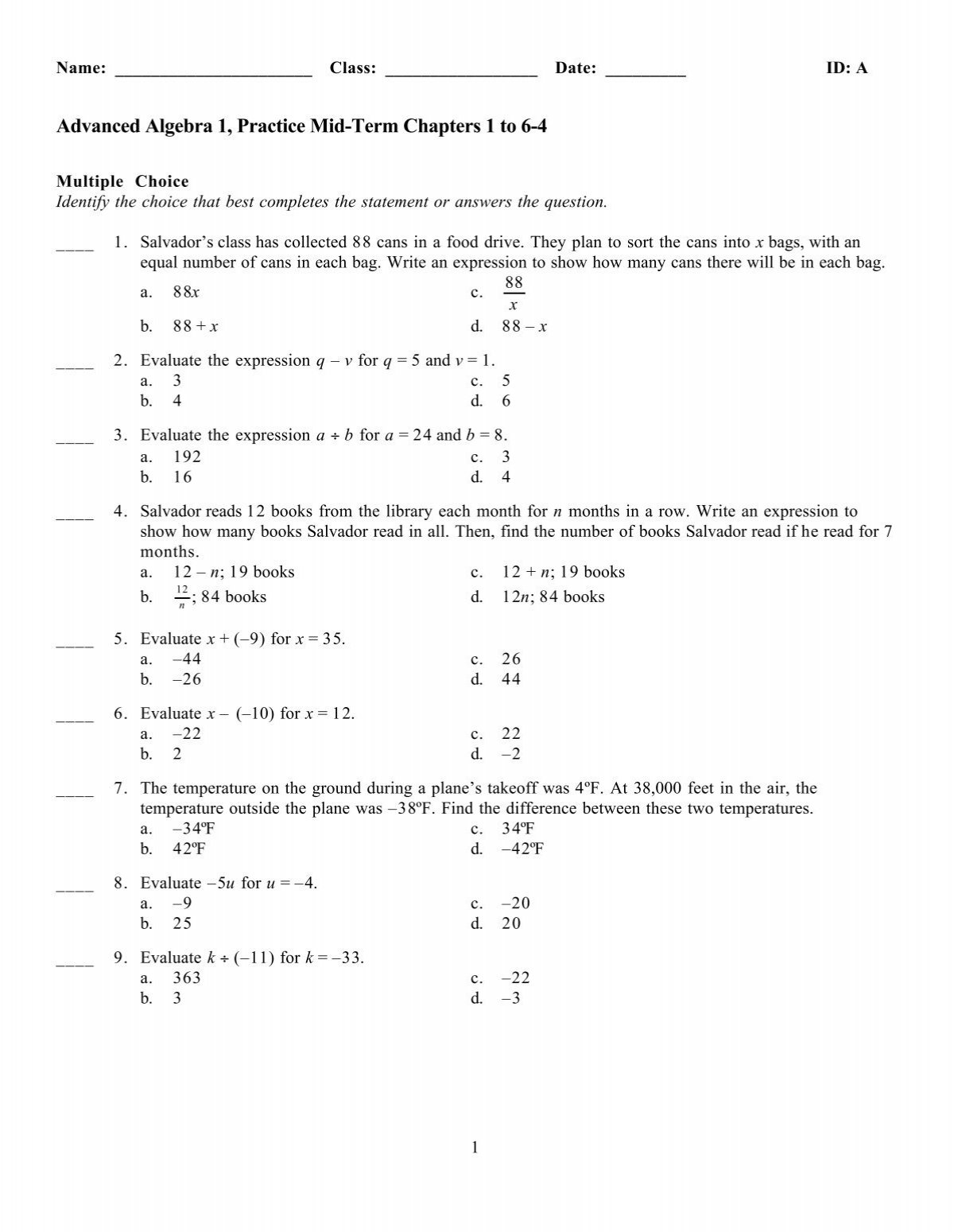 Advanced Algebra 1 Practice Mid Term Chapters 1 To 6 4