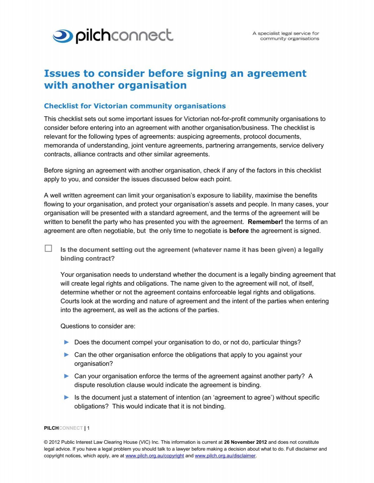 Legally binding contract vs. non-binding agreement
