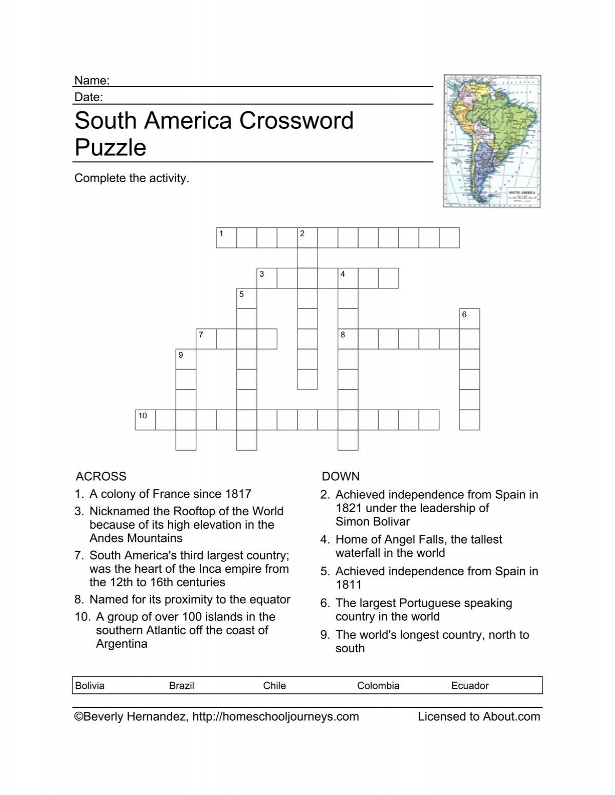 South America Crossword Puzzle Homeschooling About com