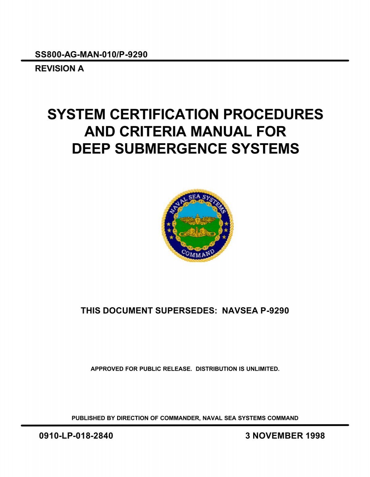 System Certification Procedures and Criteria Manual for Deep