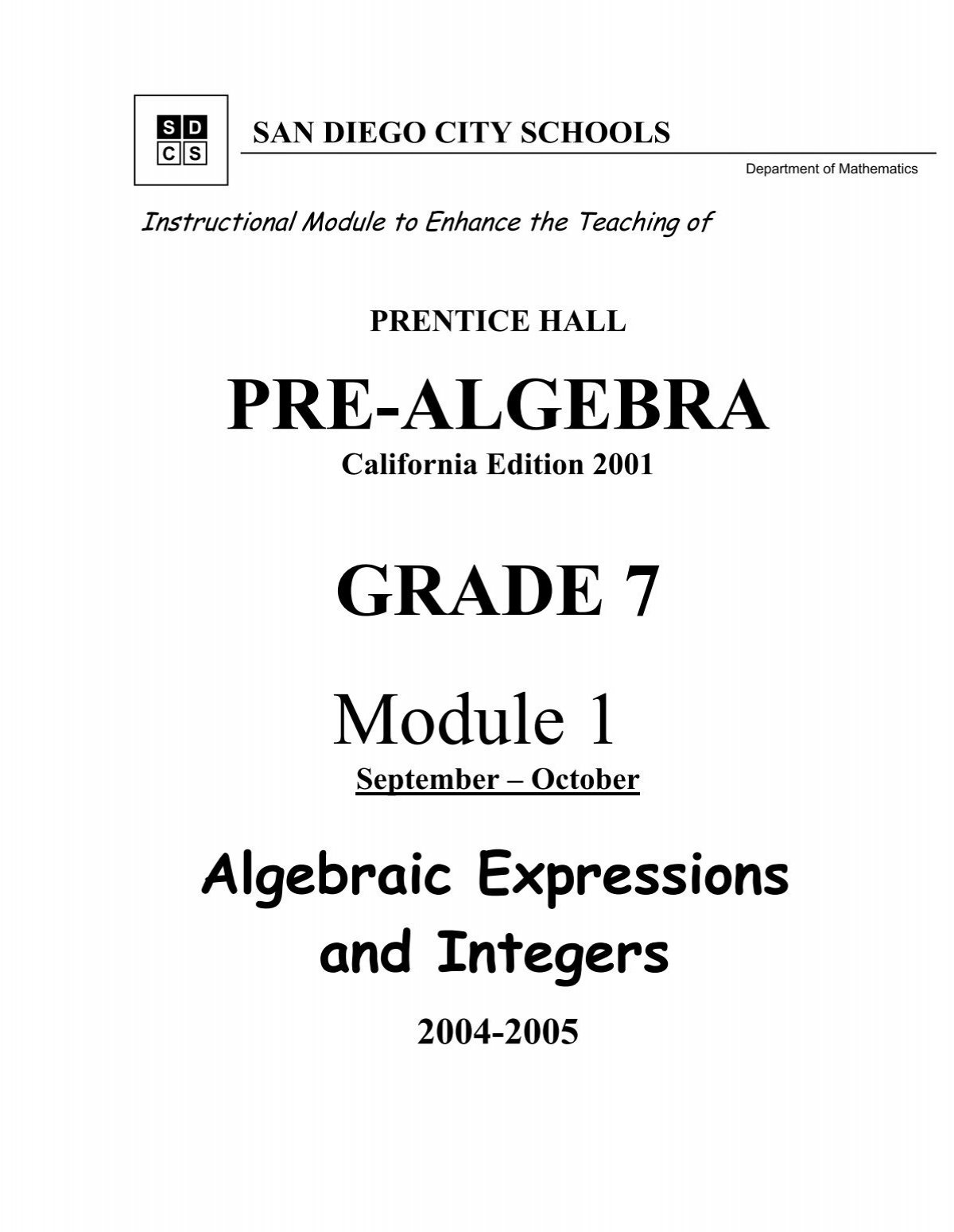 PRE ALGEBRA GRADE 7 Module 1 San Diego City Schools