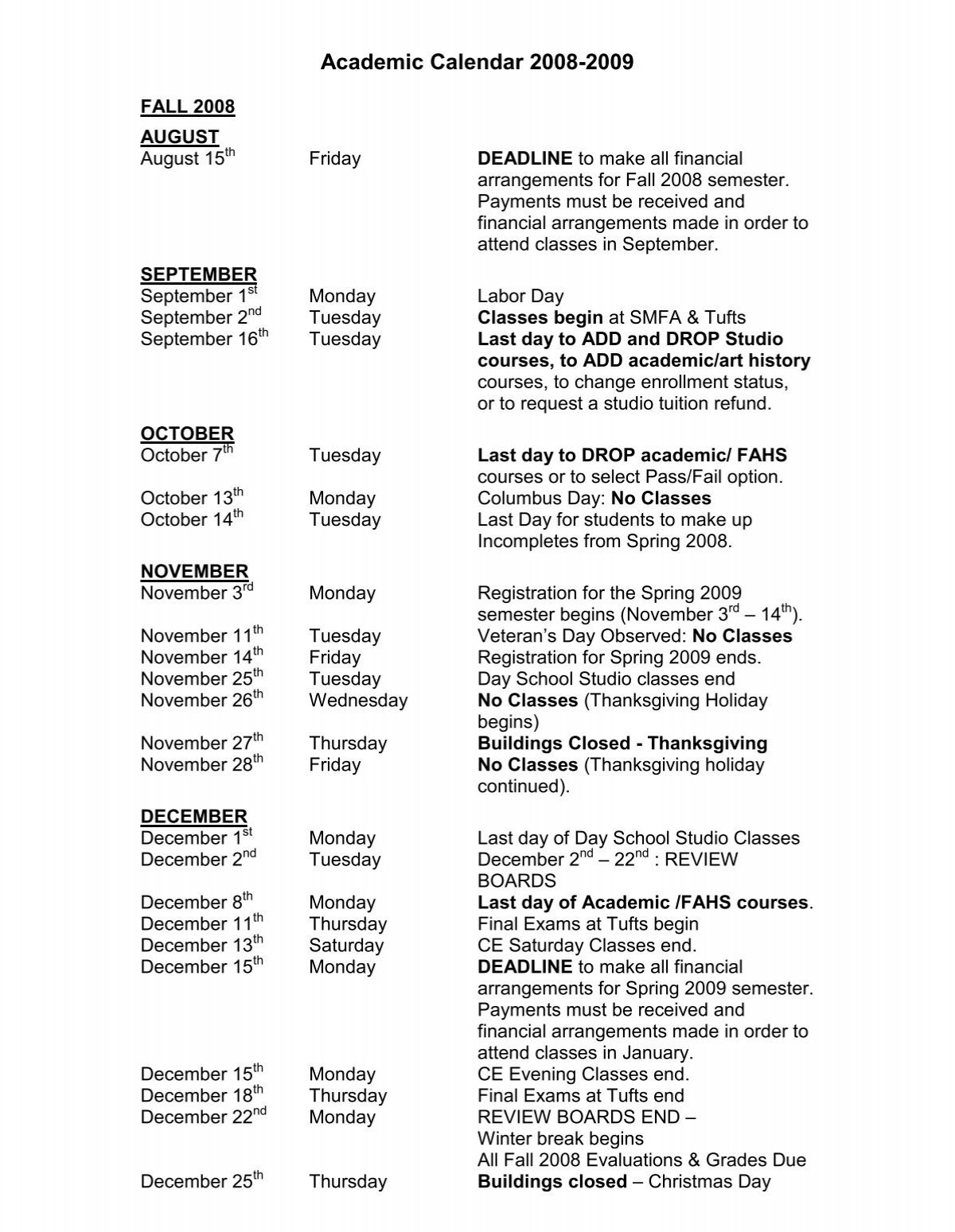 Academic Calendar 2008-2009