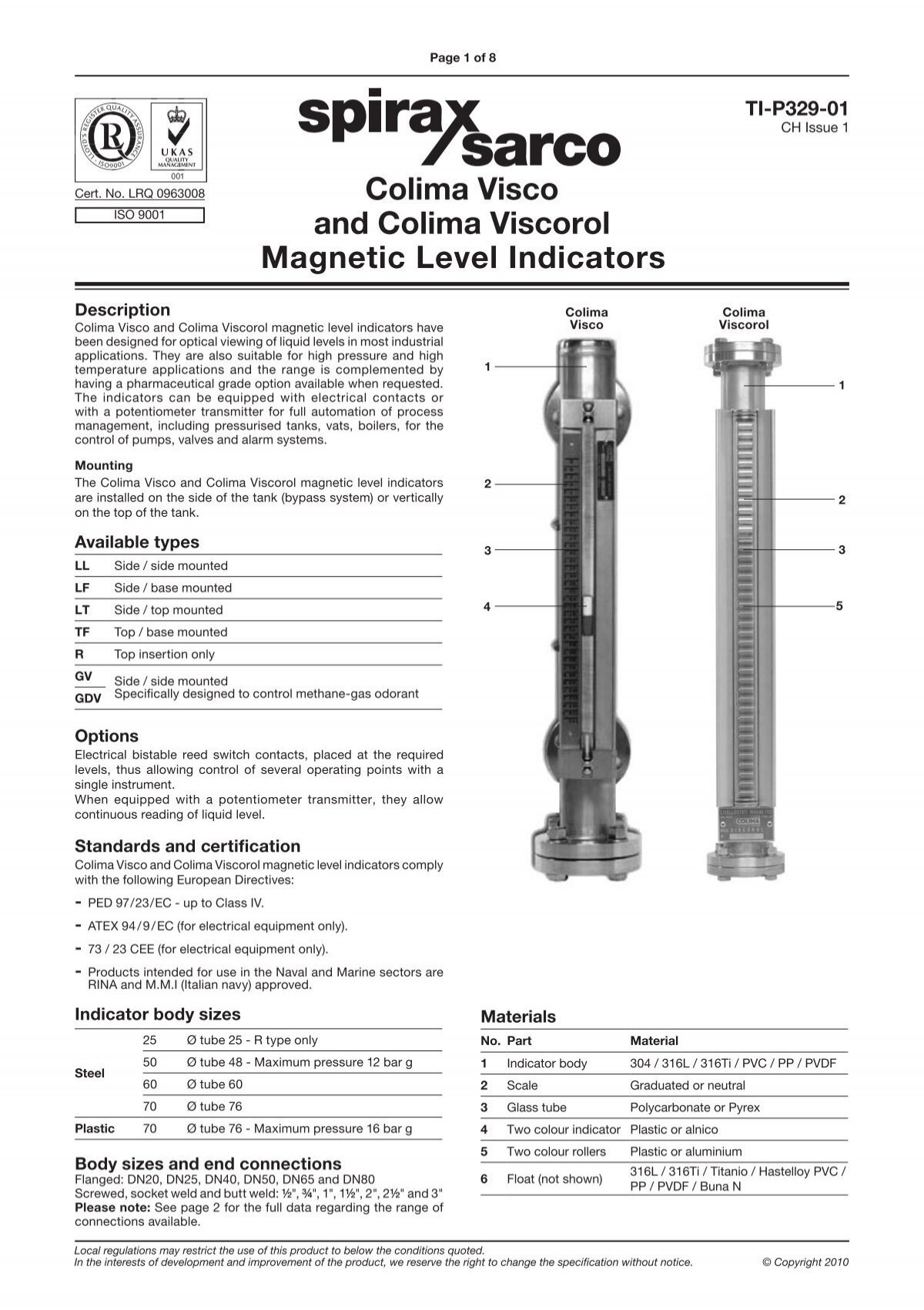 Colima Visco and Viscorol Magnetic level indicators - Spirax Sarco