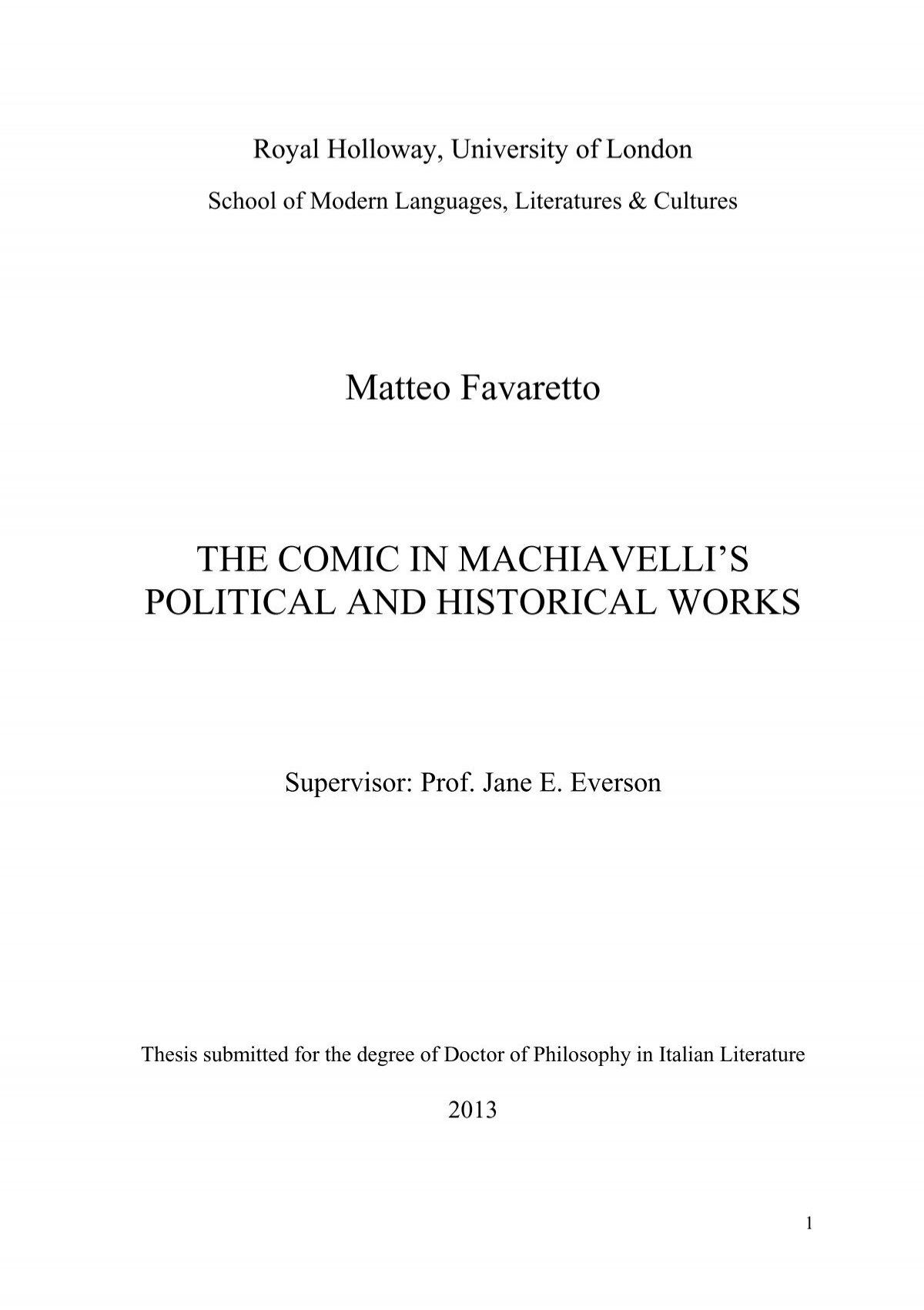 The Comic in Machiavelli's Political and Historical Works