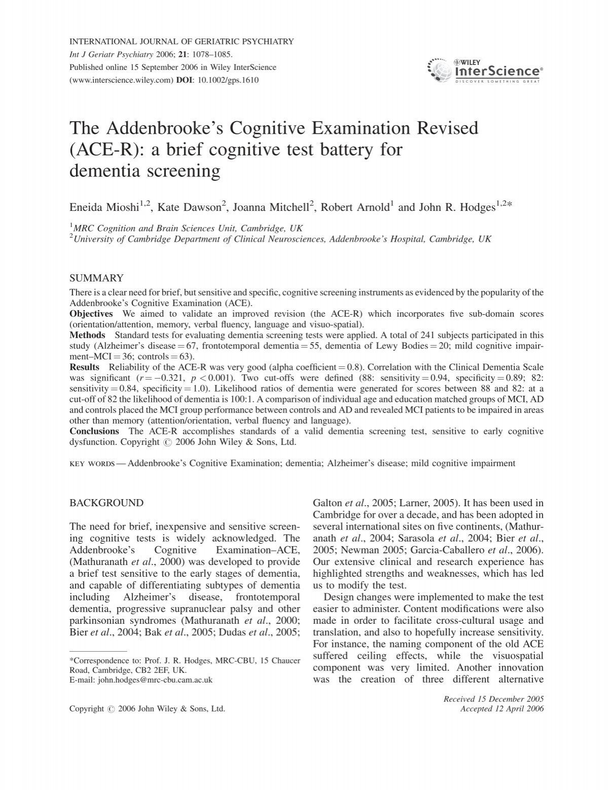 The Addenbrooke S Cognitive Examination Revised Ace R A Brief