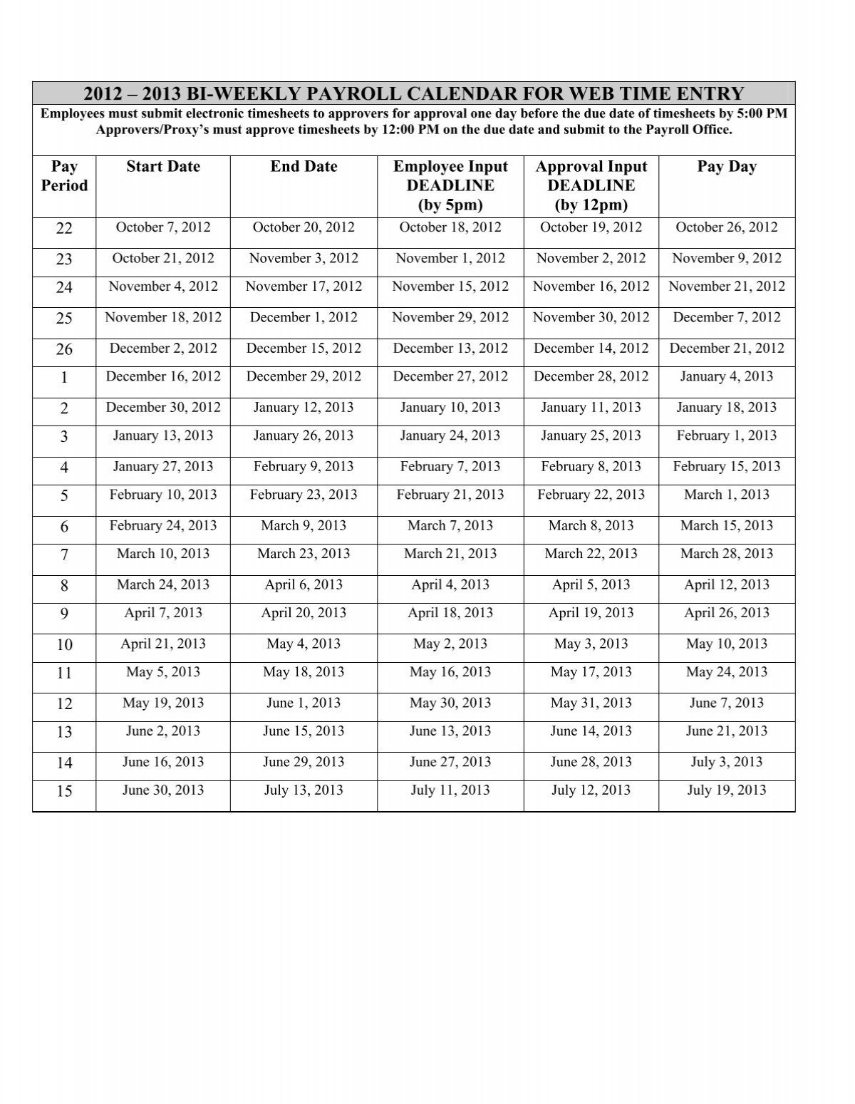 2012 2013 bi weekly payroll calendar for web time entry