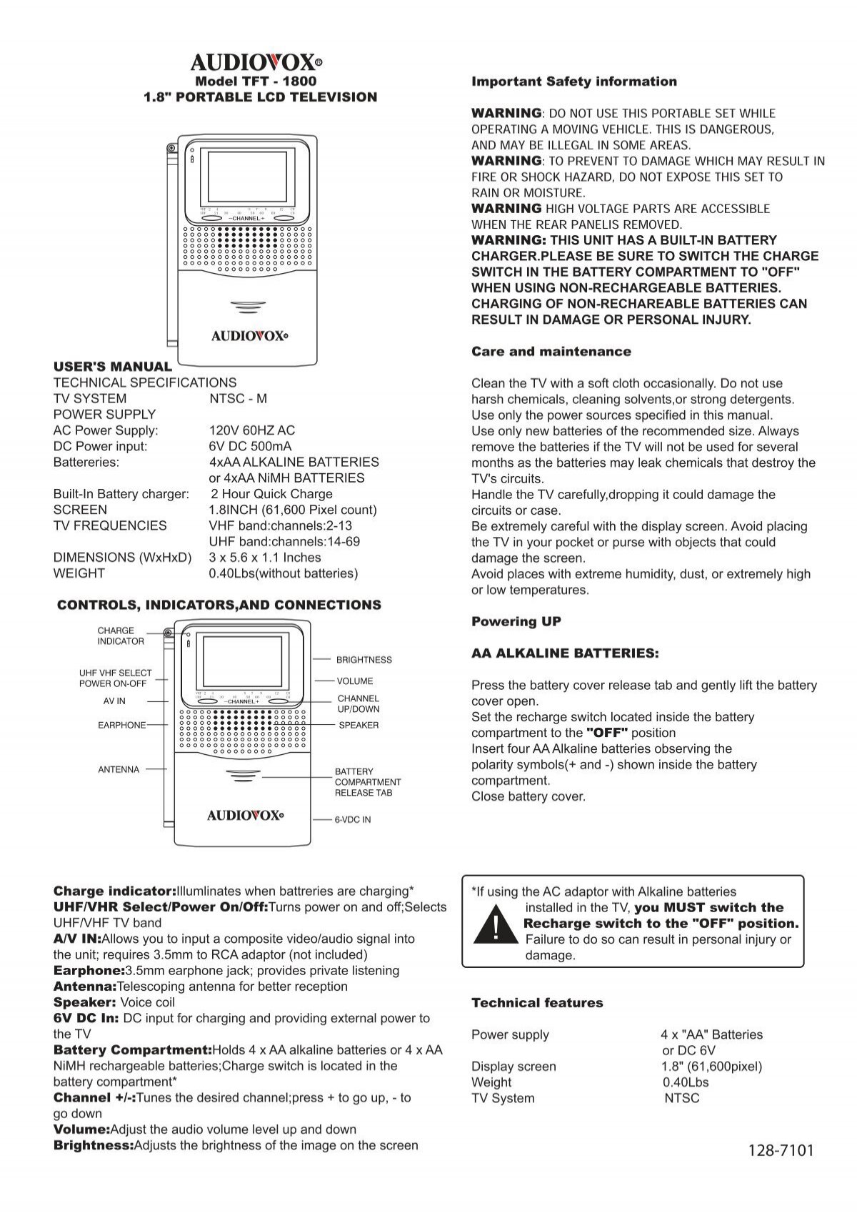 USER'S MANUAL TECHNICAL SPECIFICATIONS TV SYSTEM 