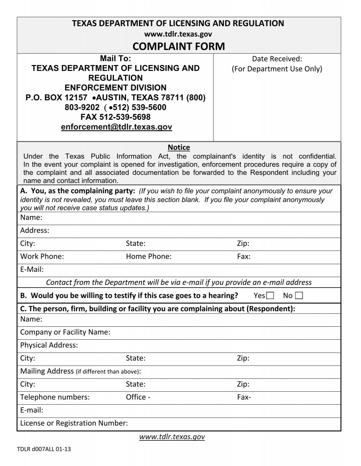 Texas Department Of Licensing And Regulation Vsf Form
