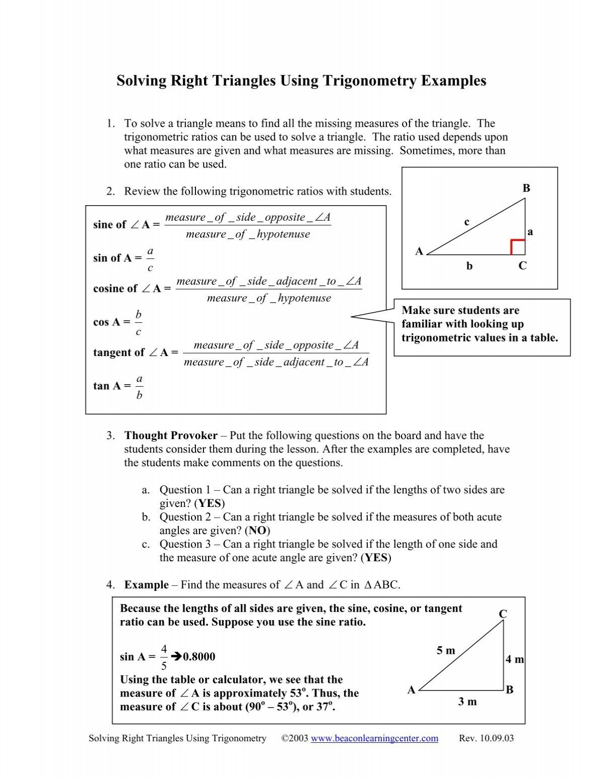 Solving Right Triangles Using Trigonometry Examples Beacon 3575