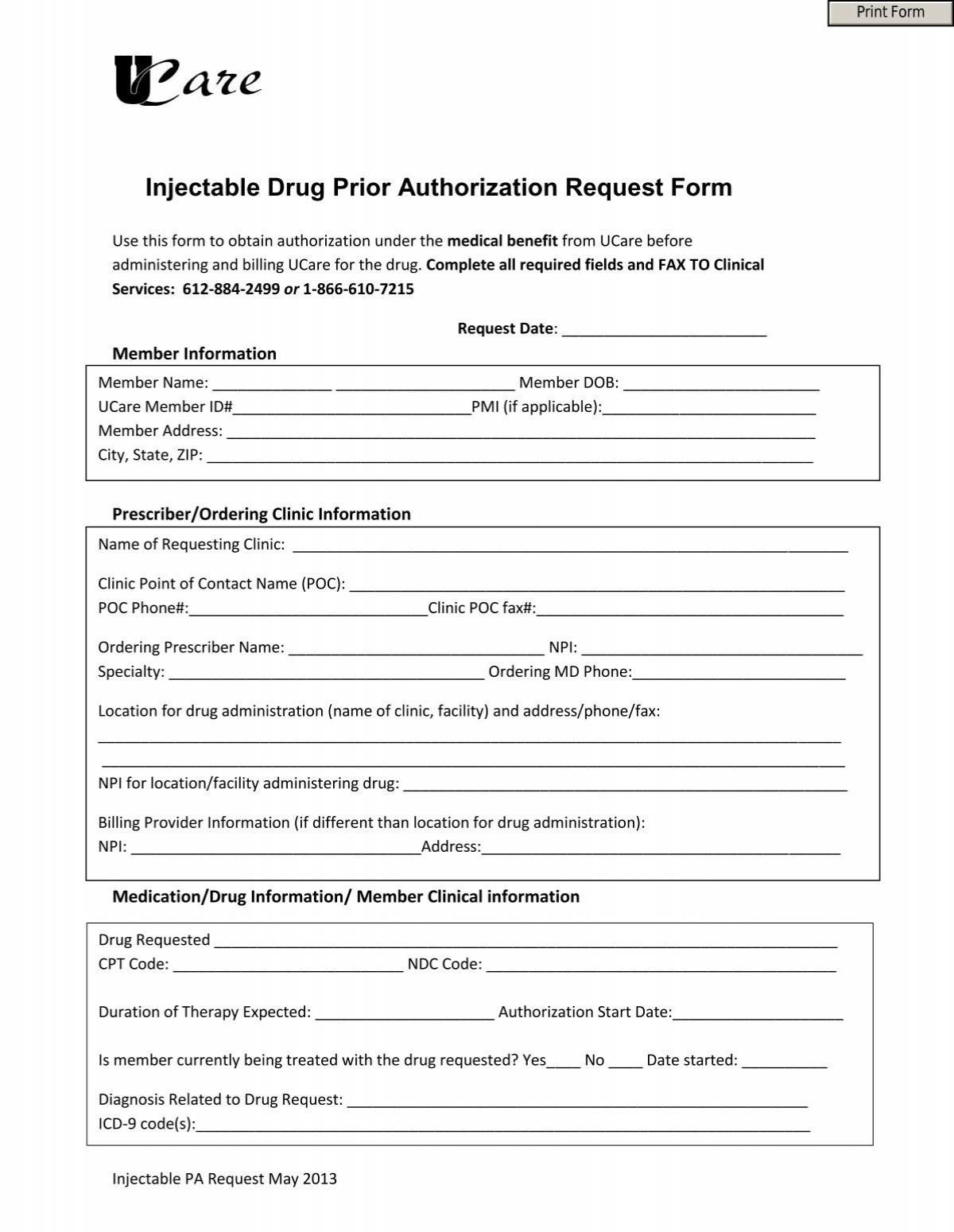 Injectable Drug Prior Authorization Request Form UCare