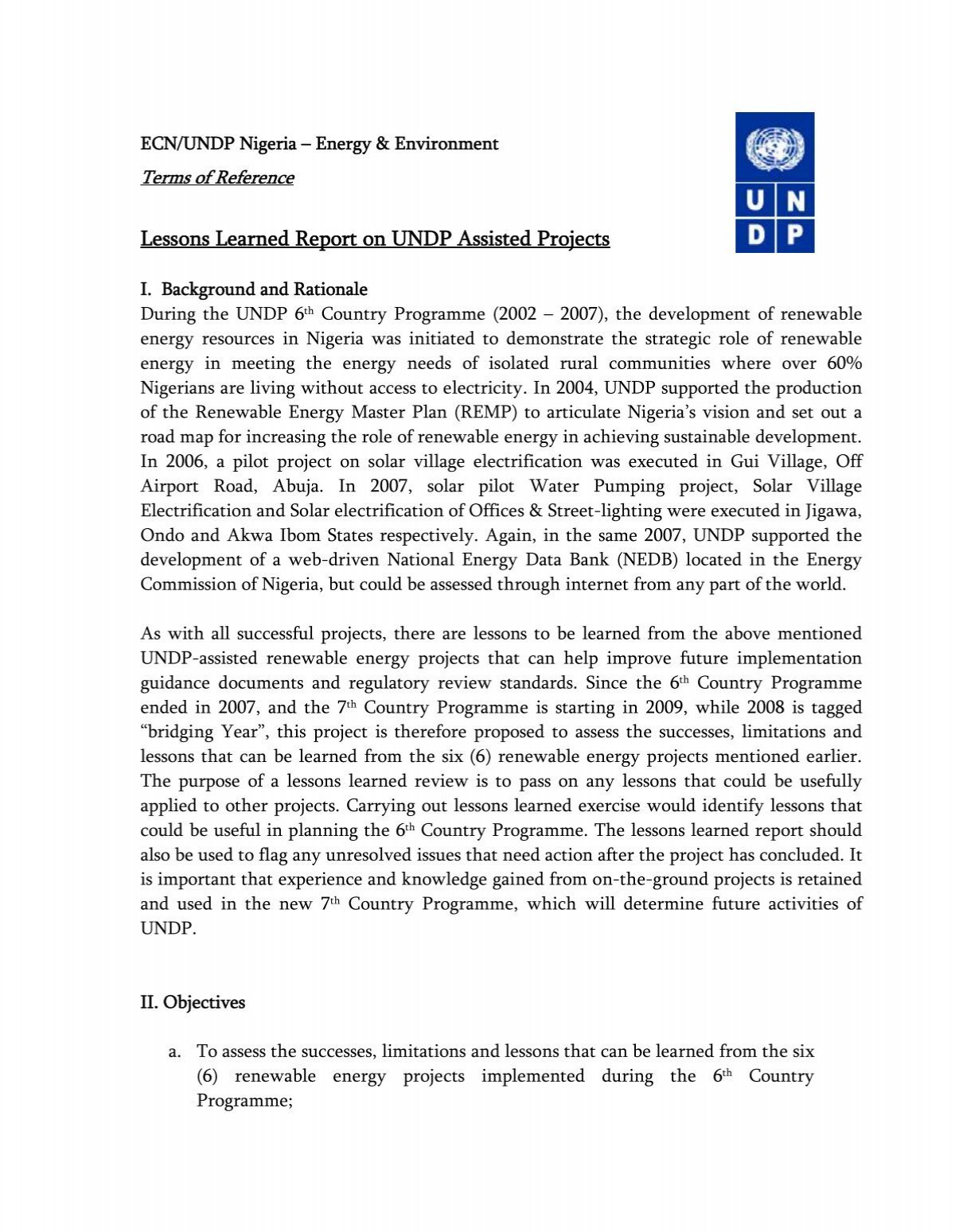 Lessons Learned Report On Undp Assisted Projects Undp Nigeria