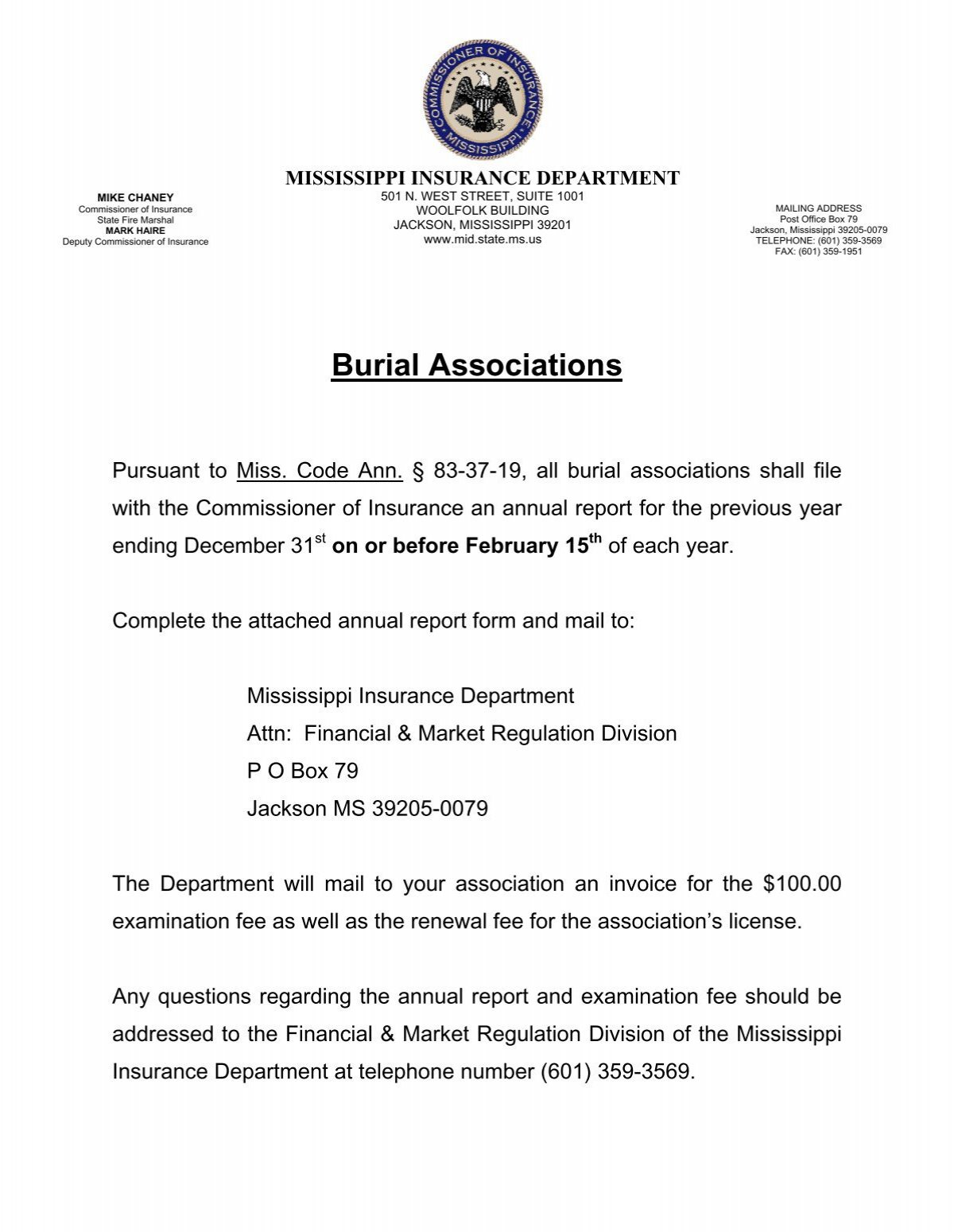 Burial Associations Mississippi Department Of Insurance
