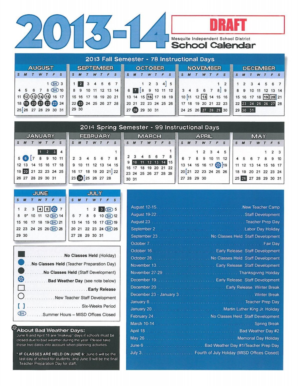 draft of the Mesquite ISD 2013 14 School Year Calendar