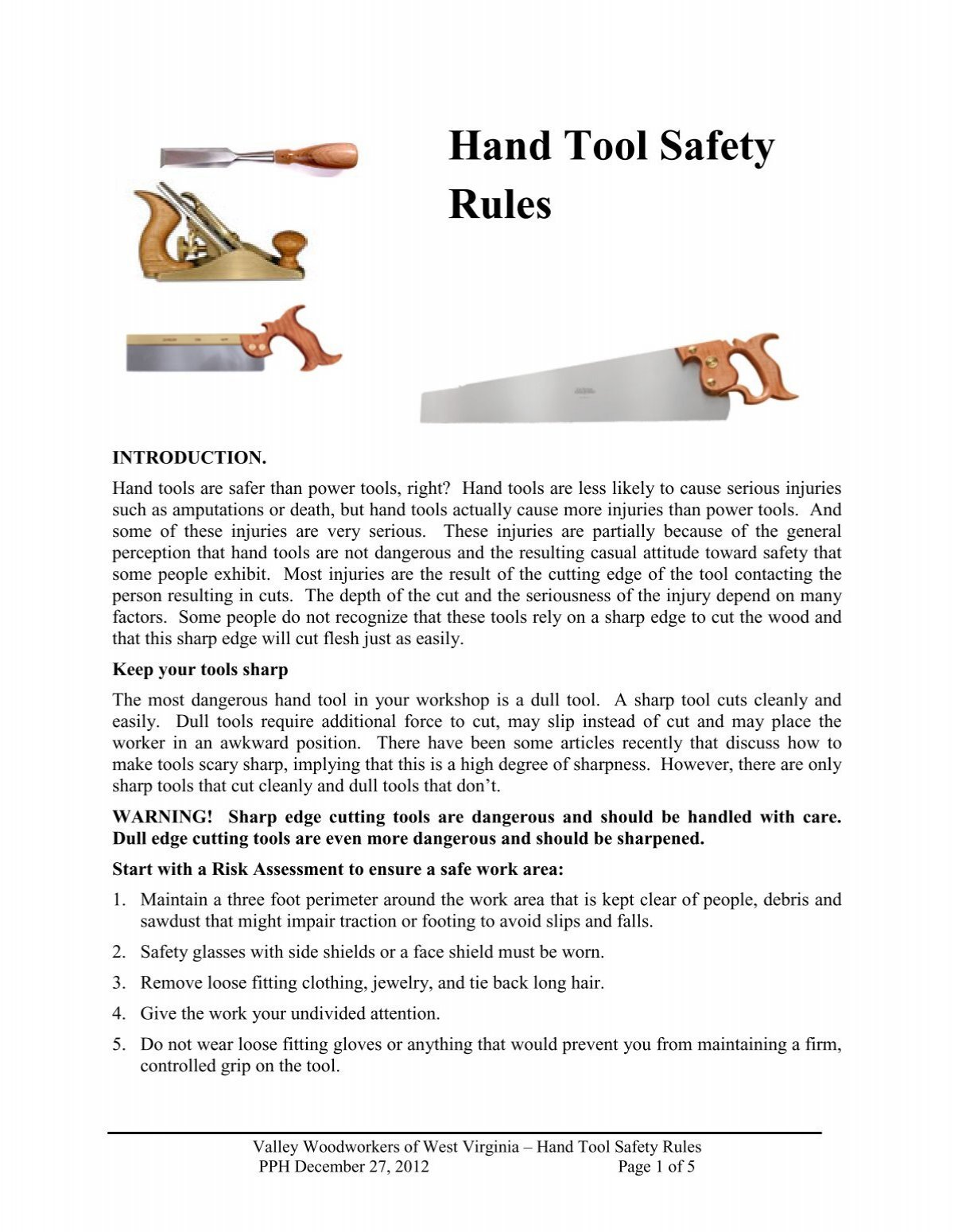 Hand Tool Safety Rules - Valley Woodworkers