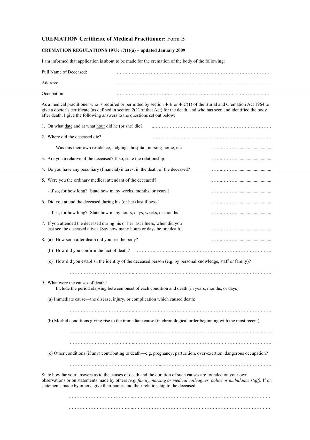 CREMATION Certificate of Medical Practitioner: Form B Vodafone NZ