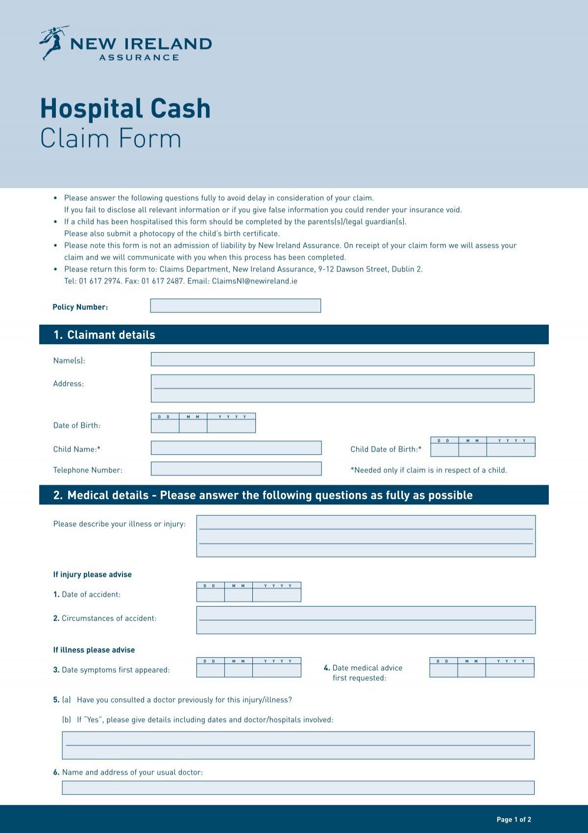 Hospital Cash Claim Form New Ireland Assurance 4002