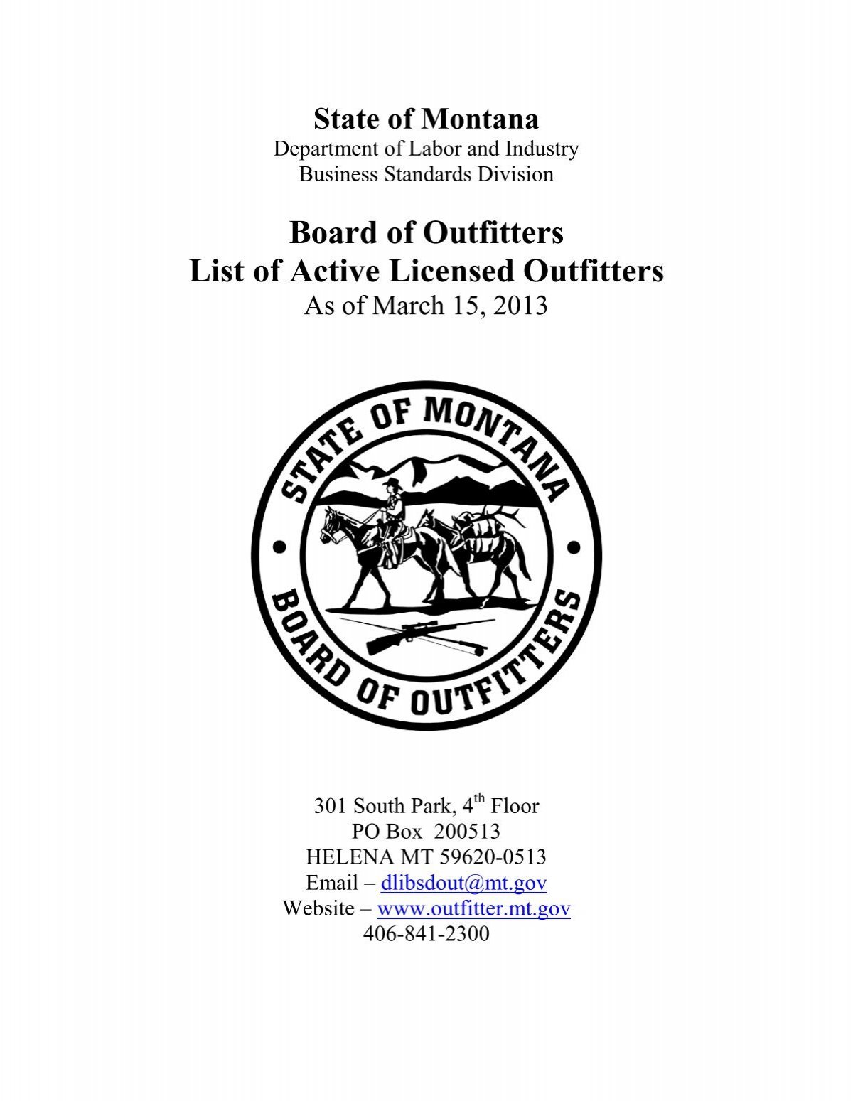 Board of Outfitters List of Active Licensed Outfitters - Montana DLI