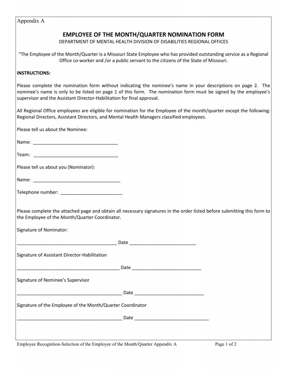 Employee Of The Month Quarter Nomination Form Missouri