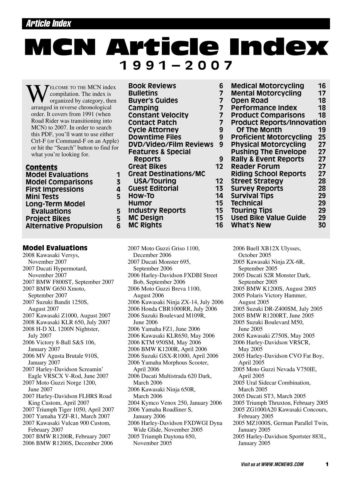 MCN Article Index, 1991-2007 - Motorcycle Consumer News