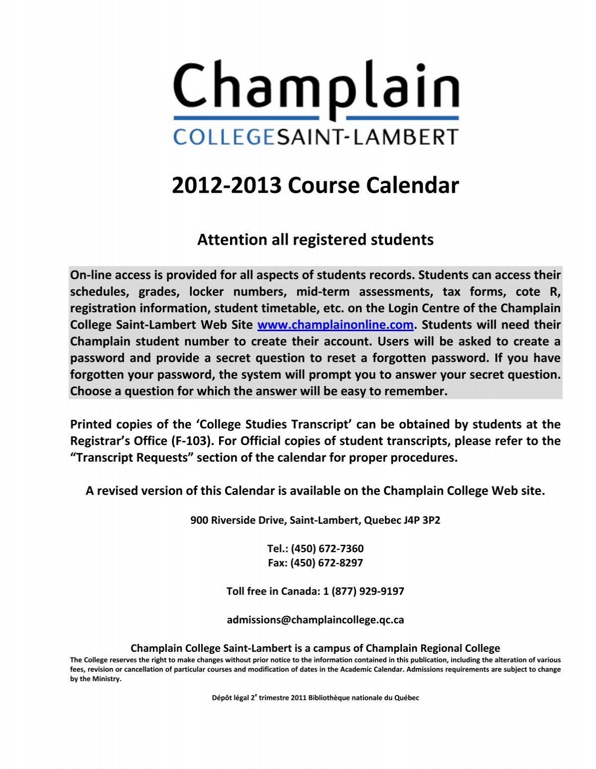 Champlain Lennoxville Calendar