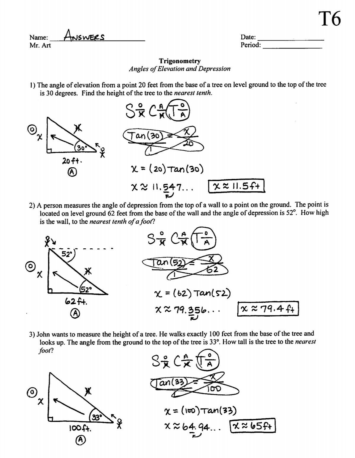trigonometry angle of elevation amp depression t6 answers pdf