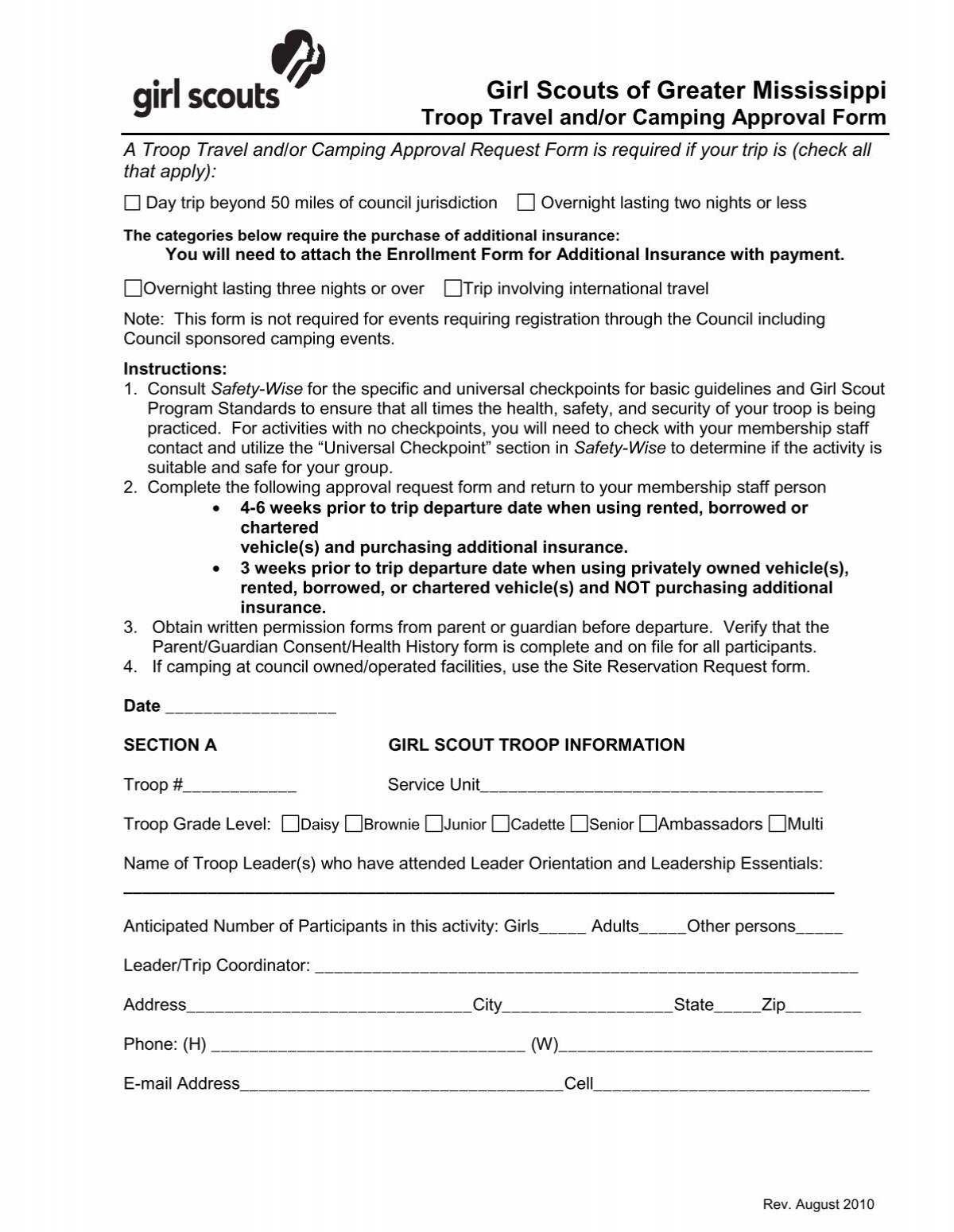Troop Travel And Camping Approval Form Girl Scouts Of Greater