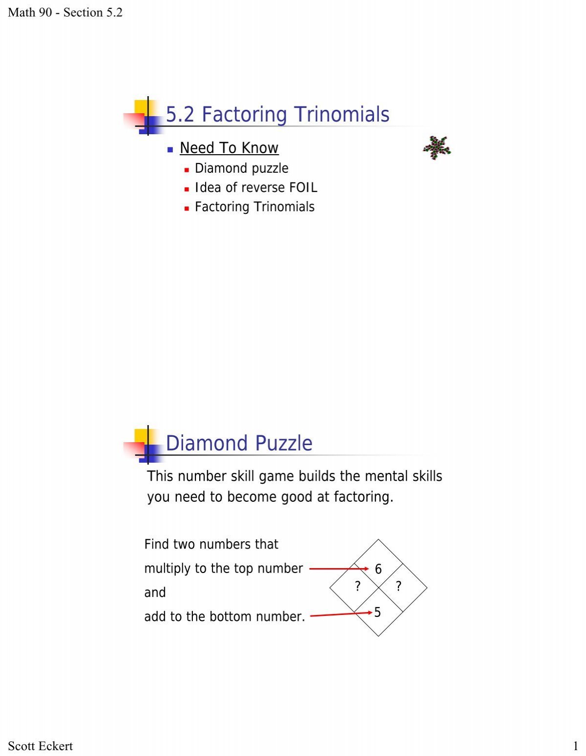 5 2 Factoring Trinomials Diamond Puzzle