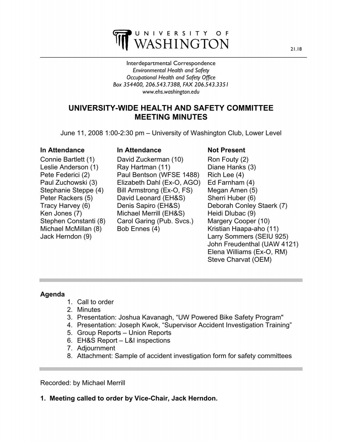 University Wide Health And Safety Committee Meeting Minutes