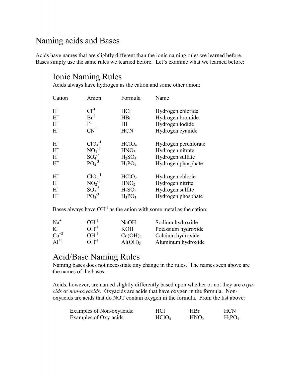 naming acids worksheet key