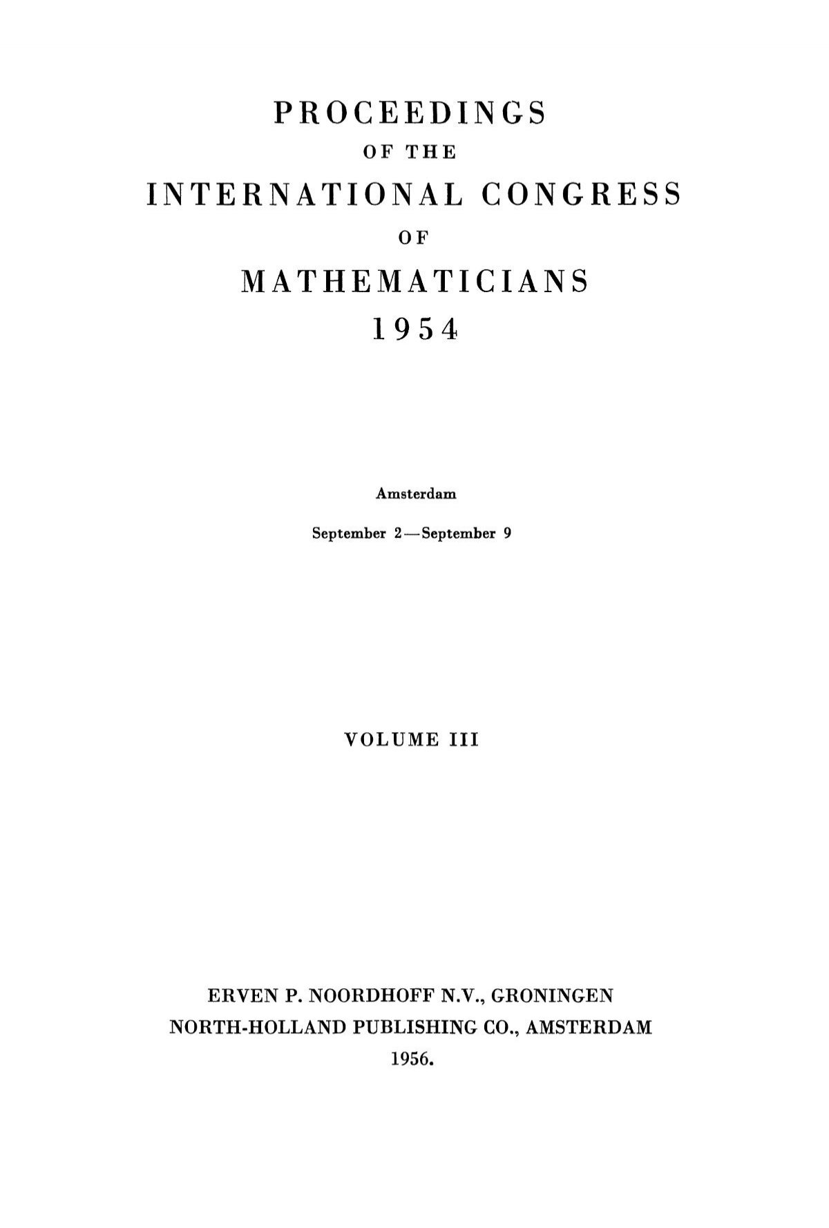 Proceedings International Congress Mathematicians 1954