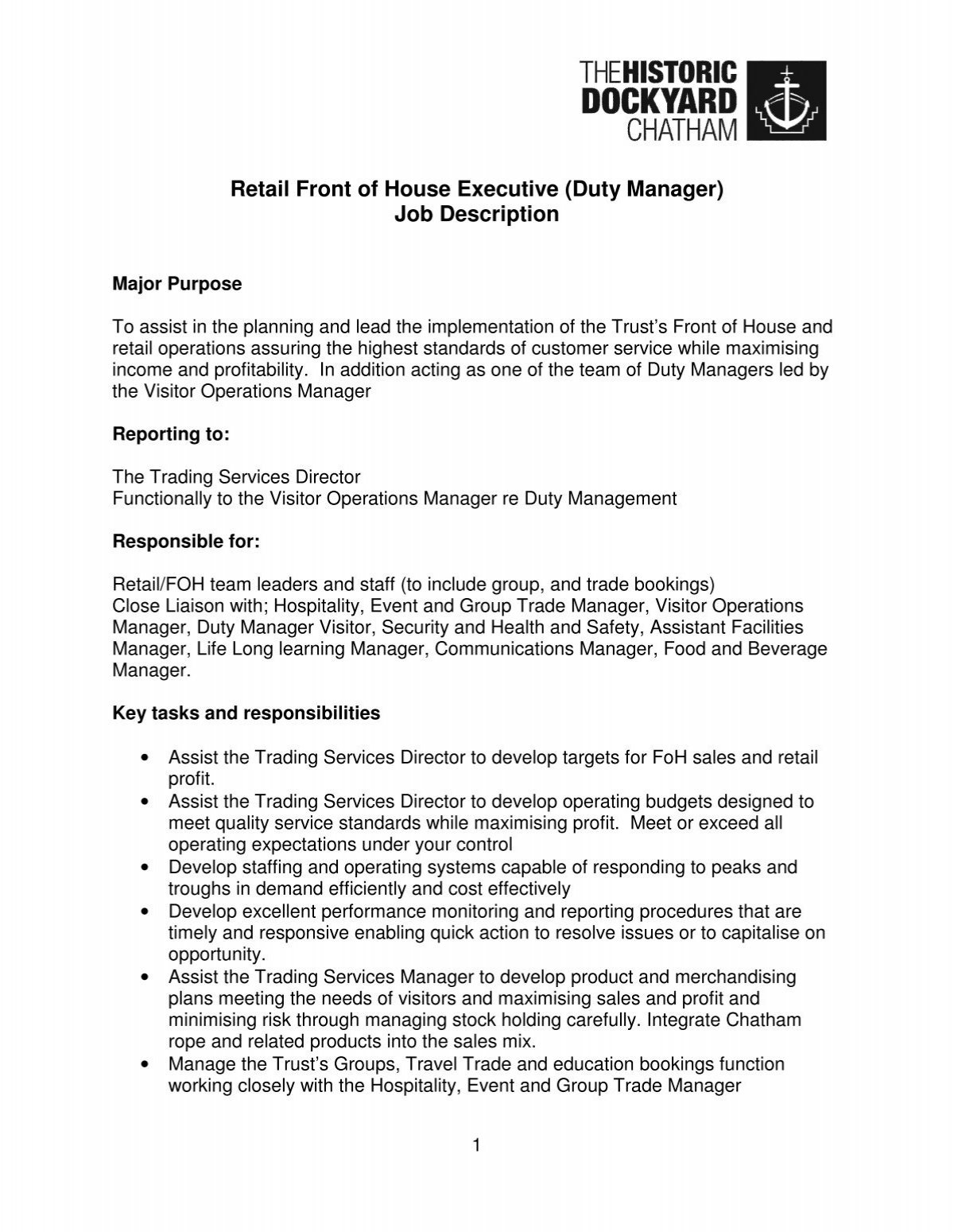 Retail Front of House Executive (Duty Manager) Job Description