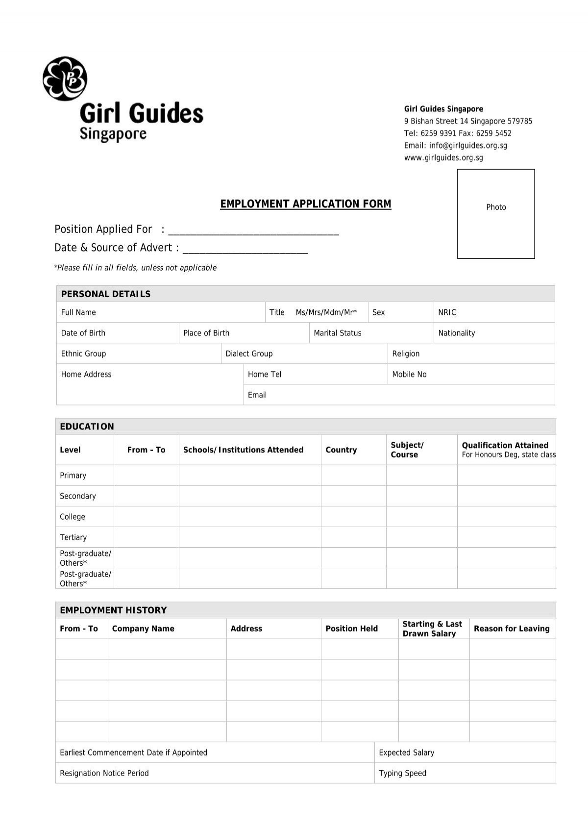 Employment Application Form Girl Guides Singapore 8934