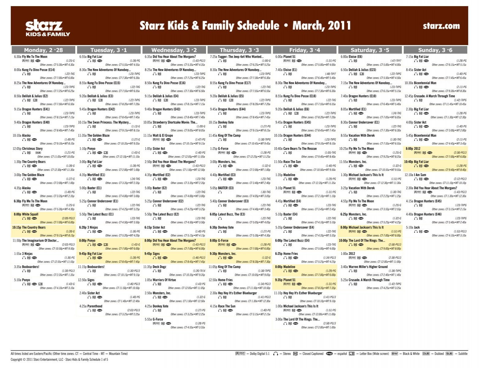 Starz Kids & Family Schedule - March, 2011