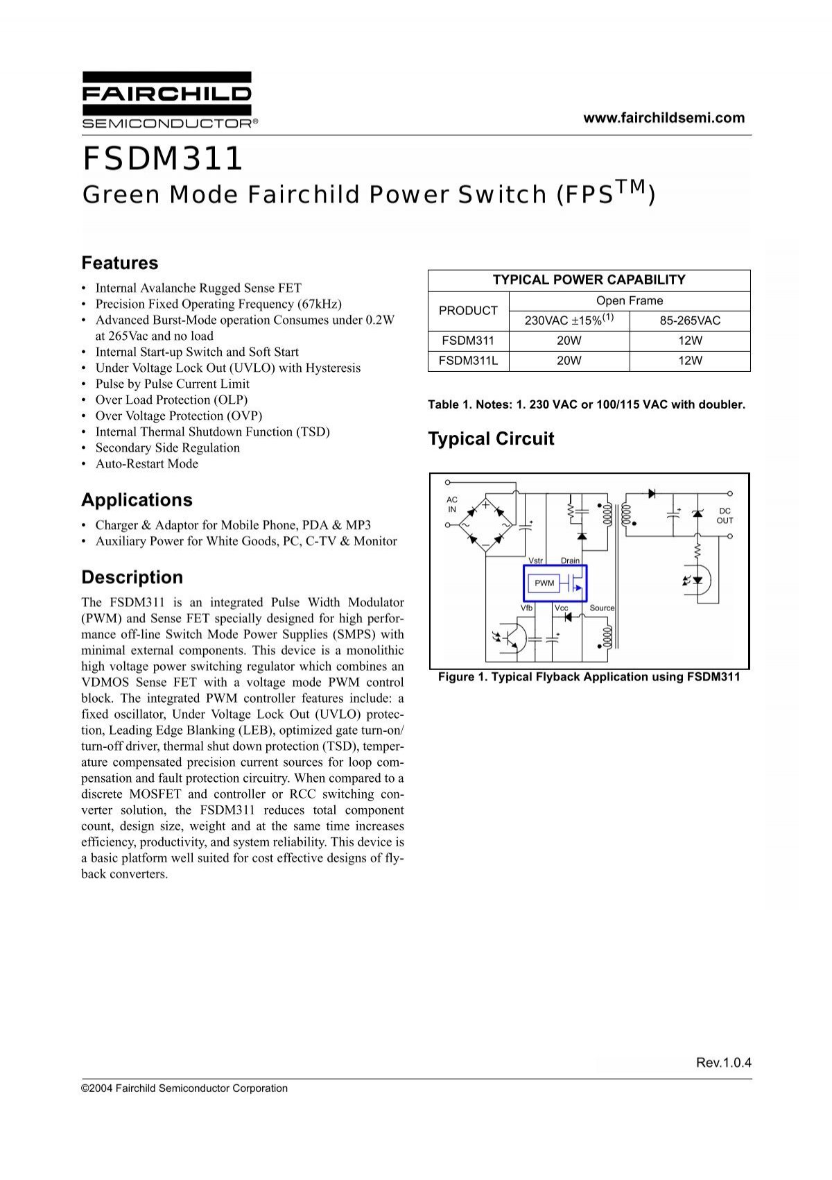 Fsdm311 Green Mode Fairchild Power Switch Fpstm