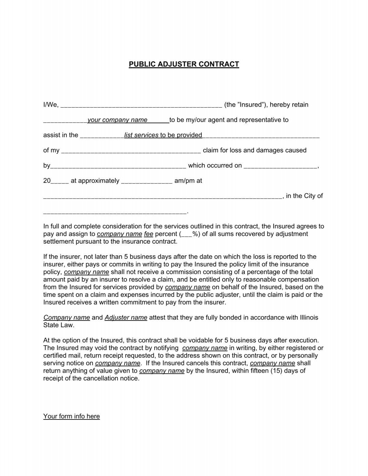 Public Adjuster Contract Form Illinois Department of Insurance