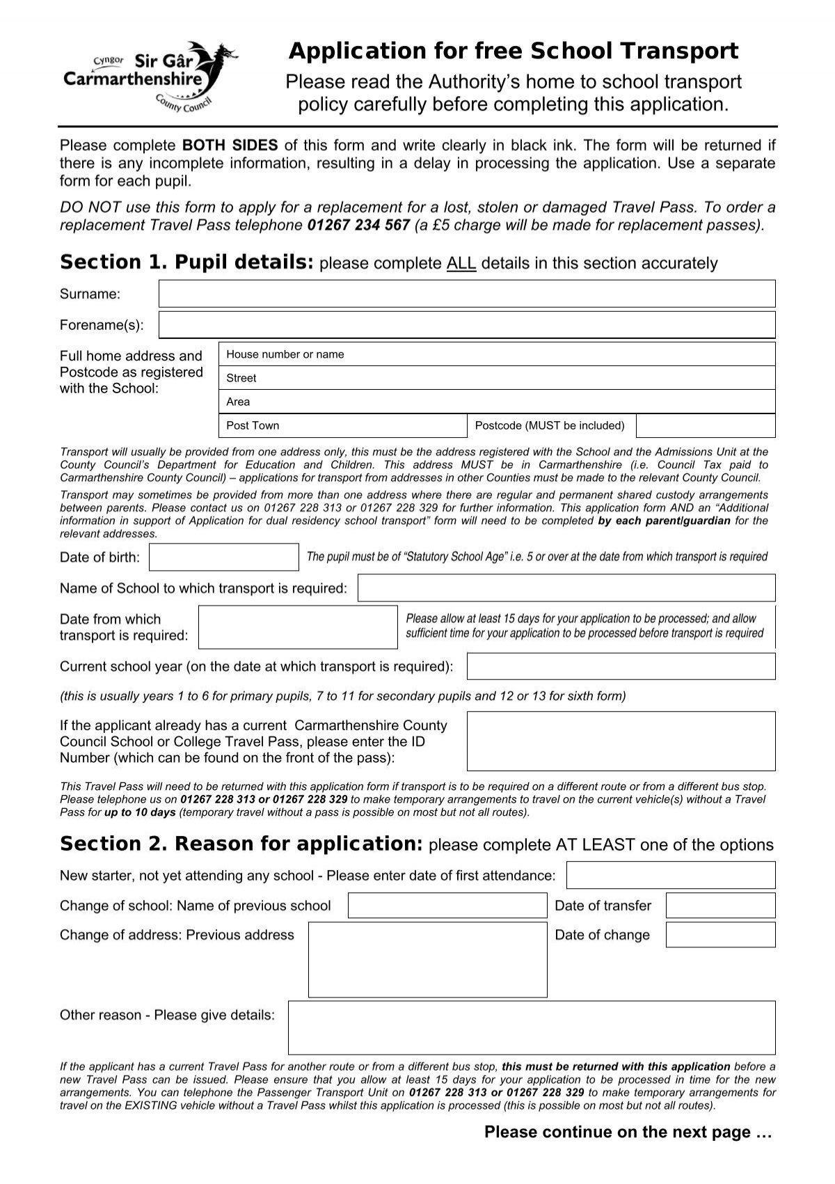 Application Form for School Transport