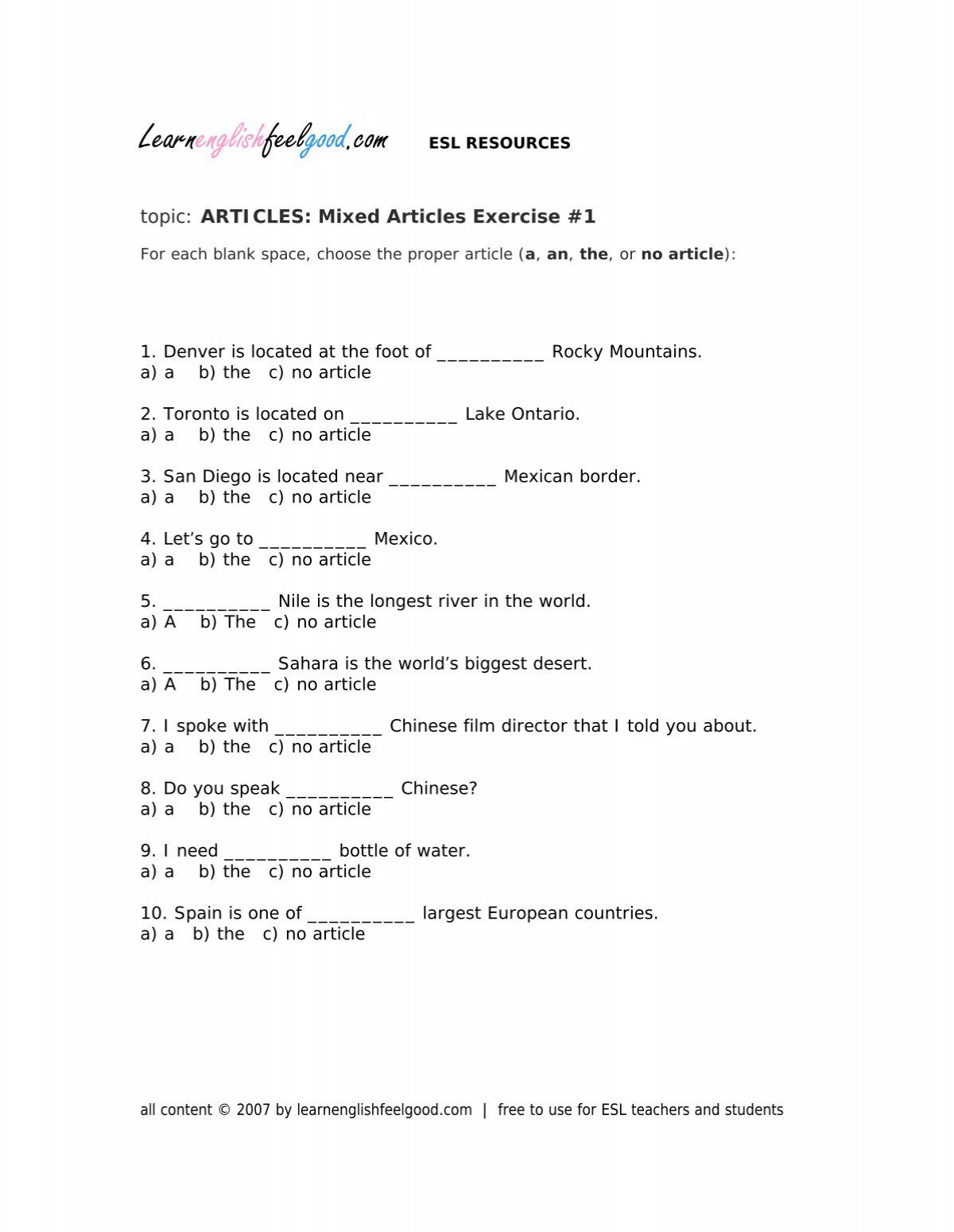 Mixed Articles Exercise #1 - Learn English Feel Good