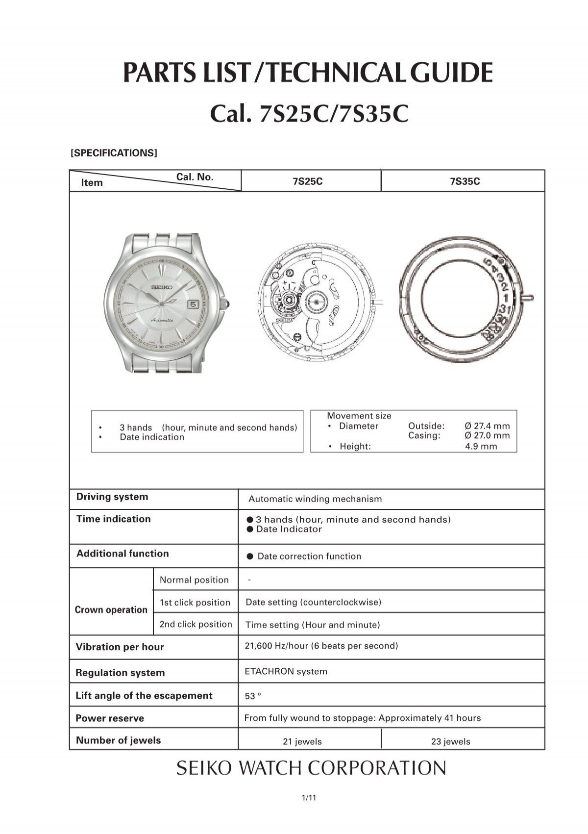 PARTS LIST / TECHNICAL GUIDE Cal. 7S25C/7S35C - Seiko