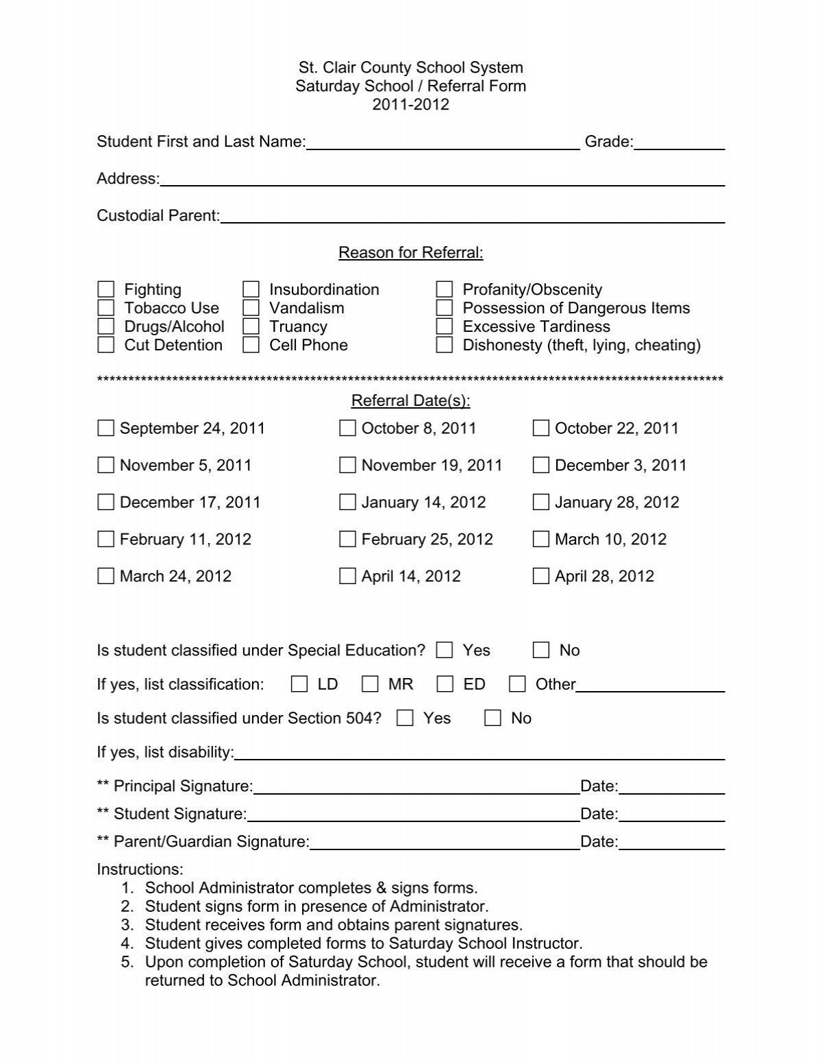 St Clair County School System Saturday School / Referral Form