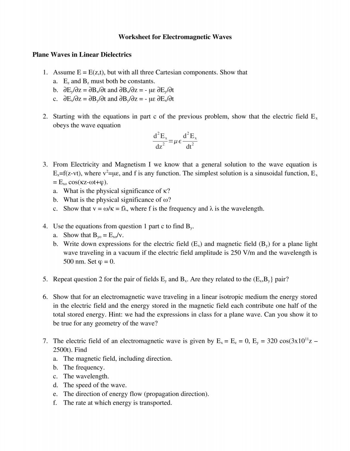 Worksheet For Electromagnetic Waves Plane Waves In Physics