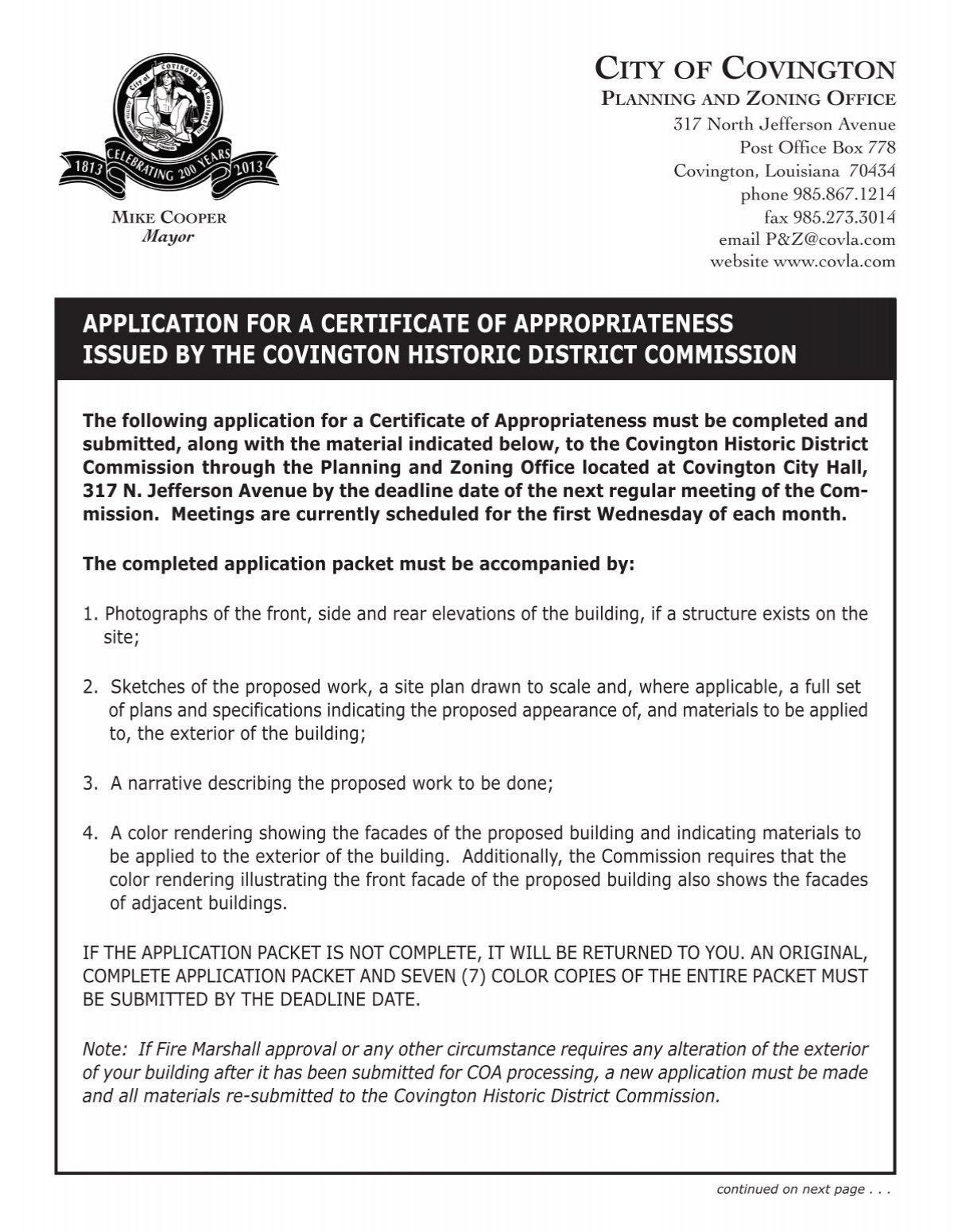 Application for a Certificate of Appropriateness issued by the