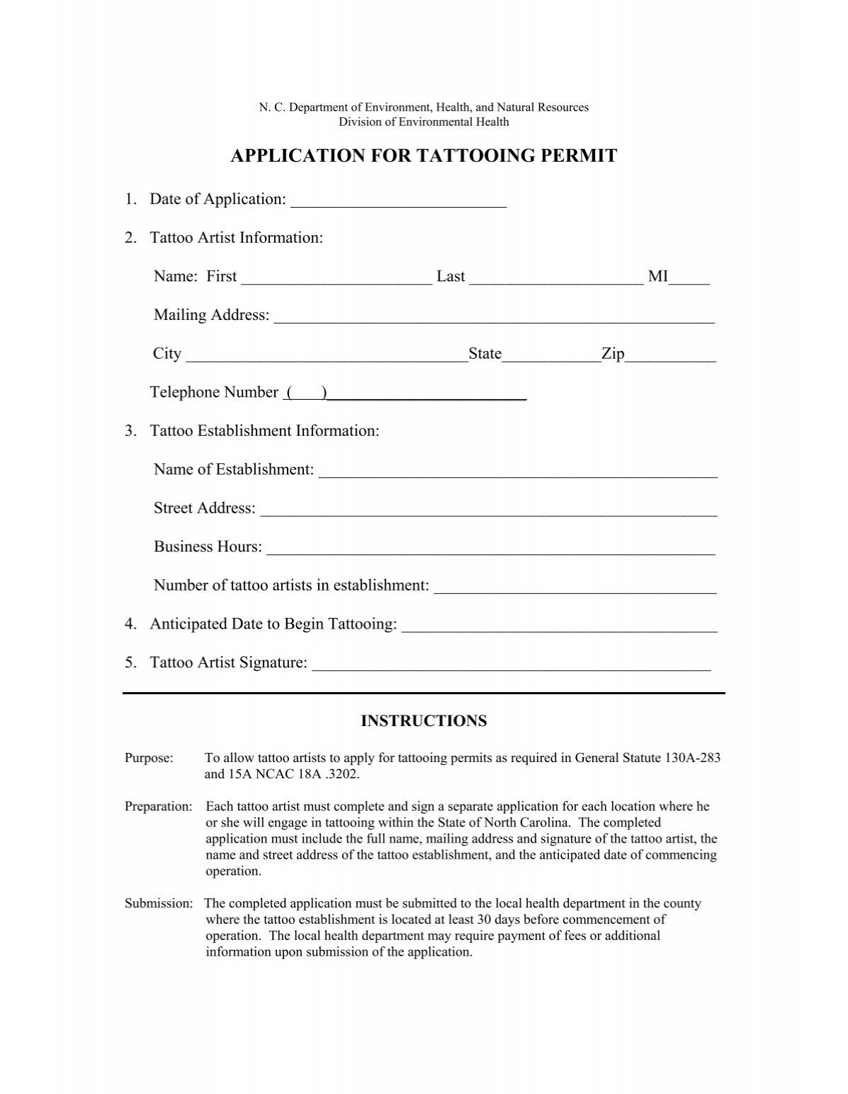 Nc Tattoo Permit Application Form  Fill Out and Sign Printable PDF  Template  signNow