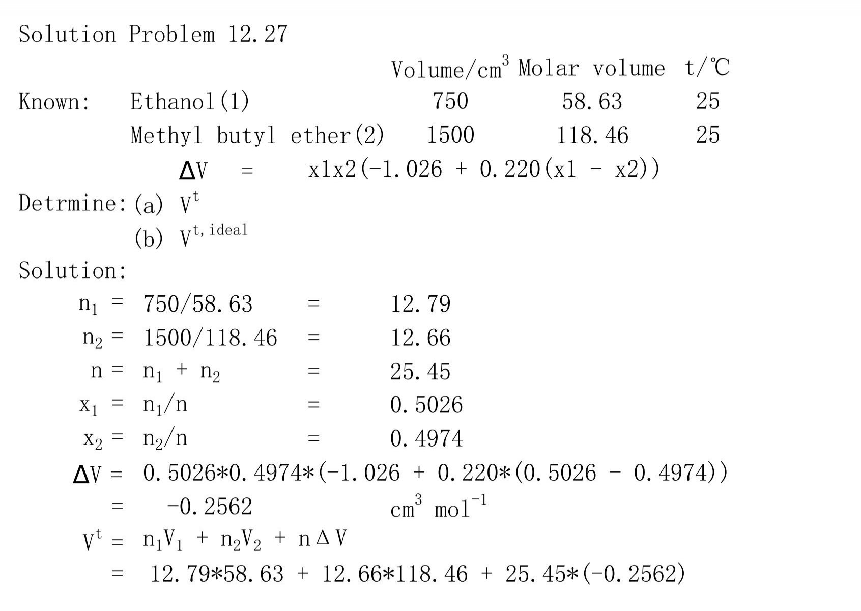 Solution Problem 12 27 Volume Cm Molar Volume T A ƒ Known