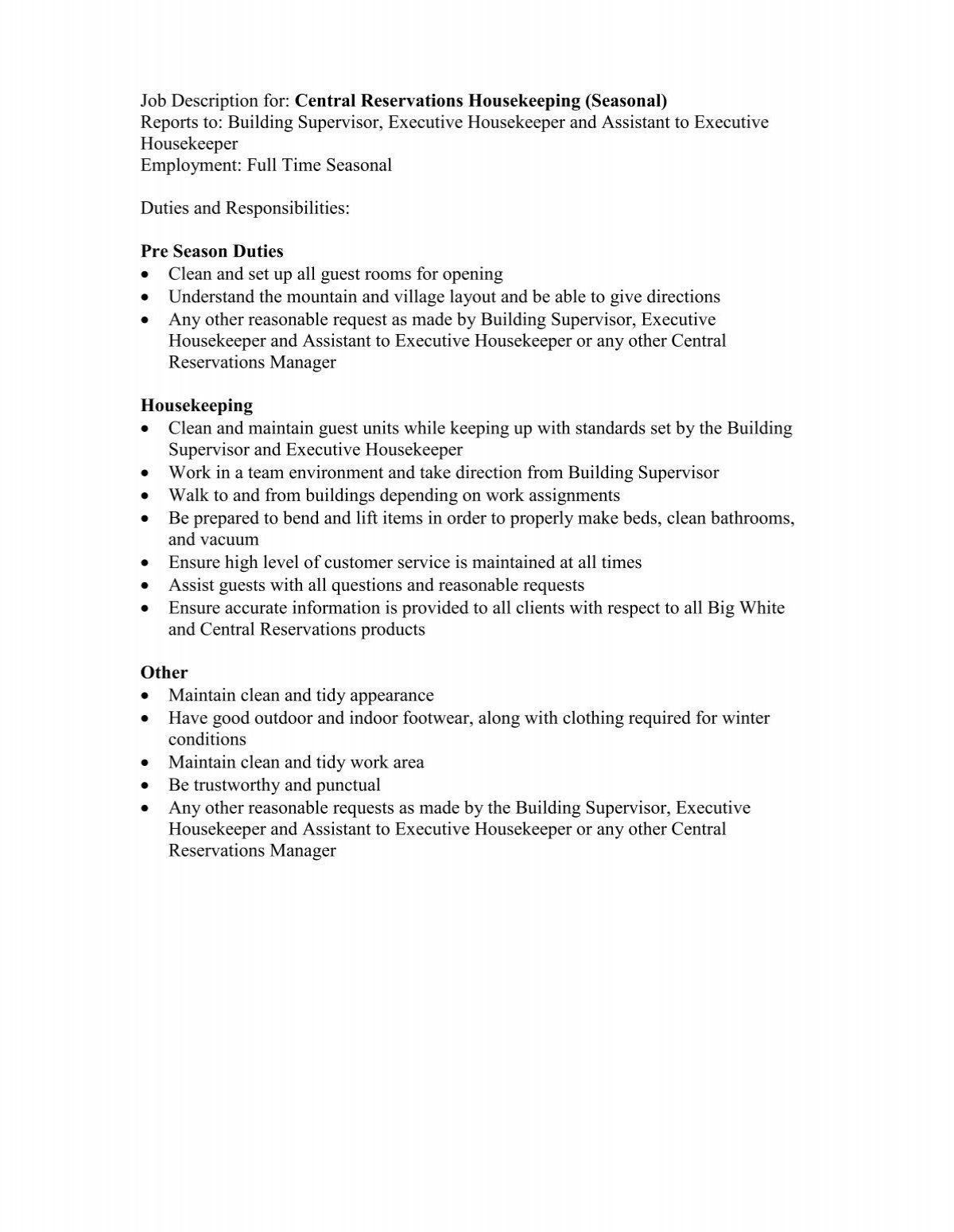 Job Description For: Central Reservations Housekeeping ... - Owh