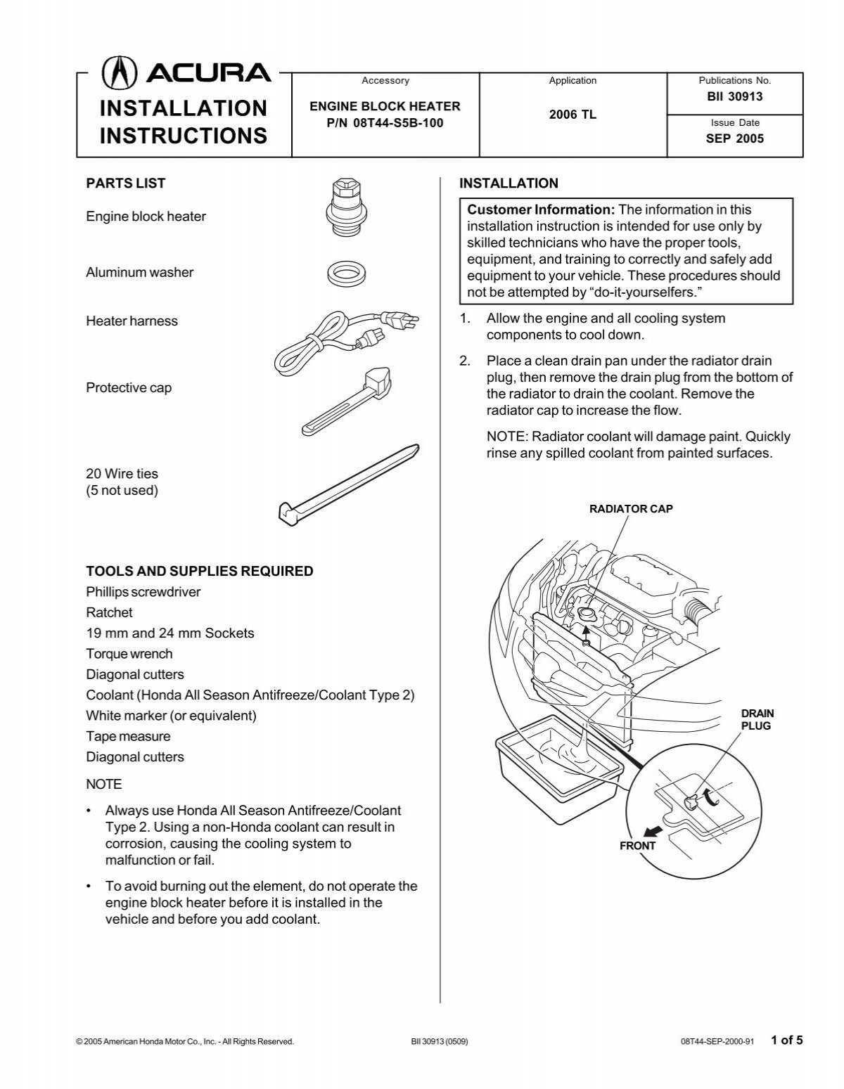 Engine Block Heater Installation Instructions - Bernardi Acura Parts
