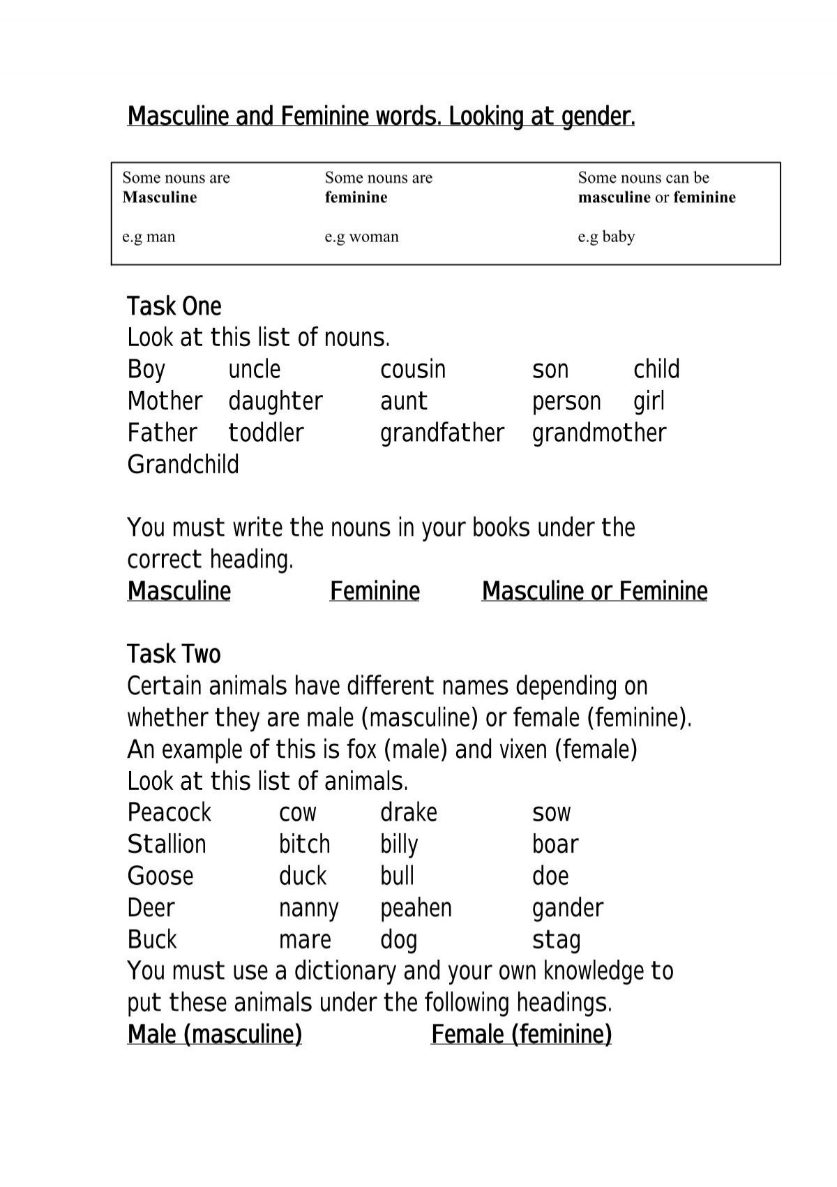 Masculine And Feminine Words Looking At Gender Primary