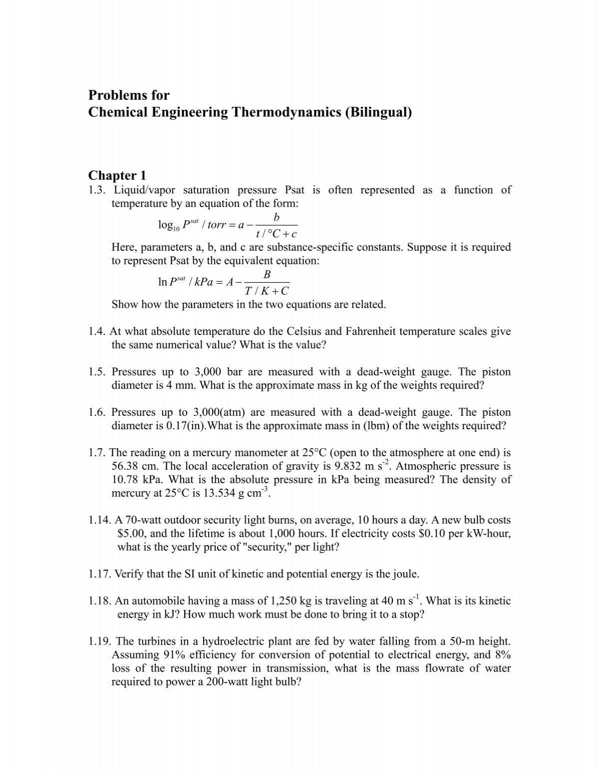 Problems For Chemical Engineering Thermodynamics Bilingual