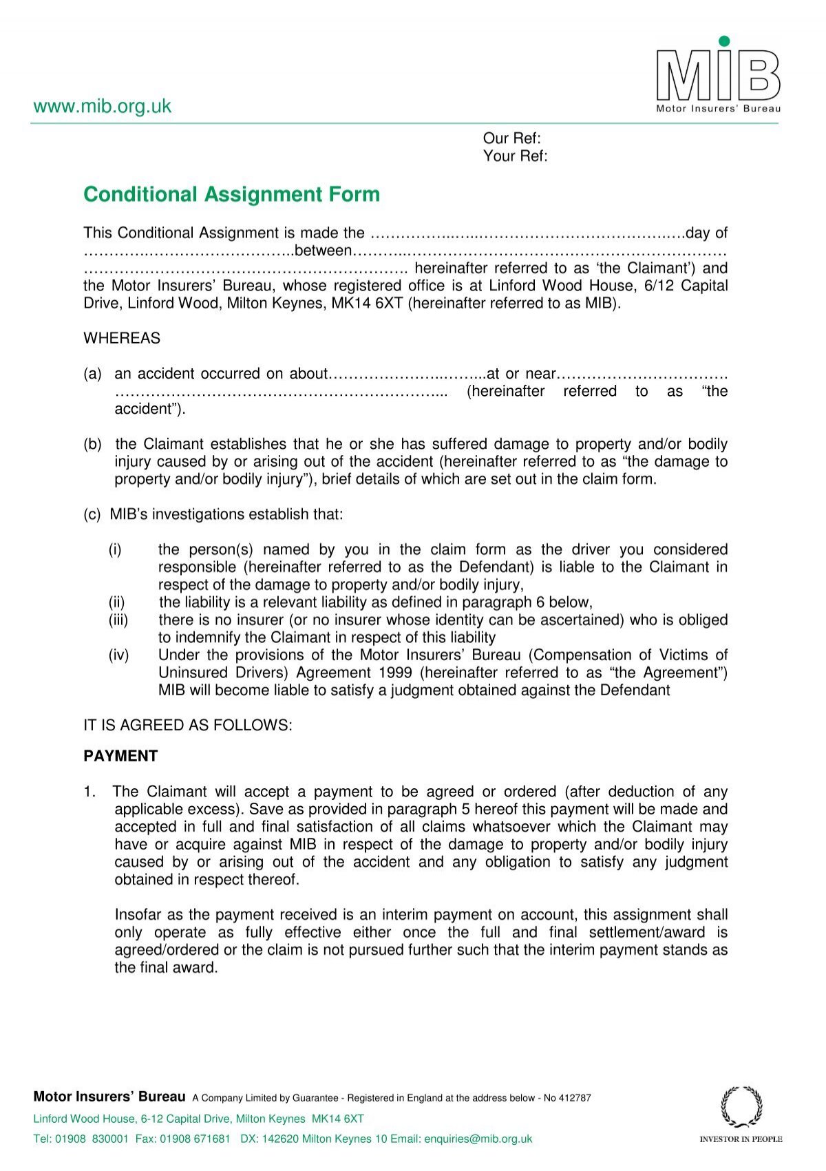 motor insurers bureau conditional assignment form