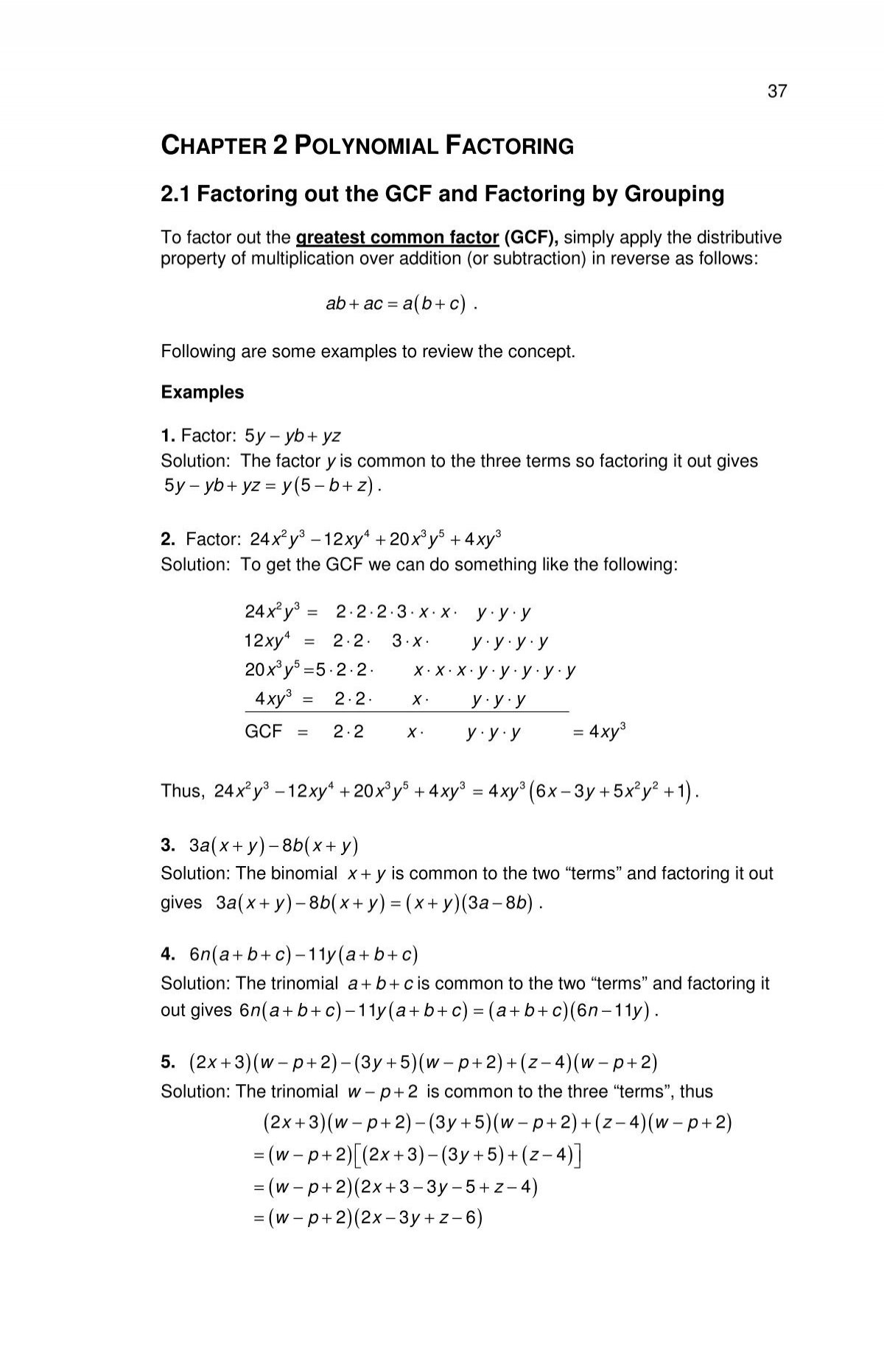 Chapter 2 Polynomial Factoring 2 1 Factoring Out The Gcf